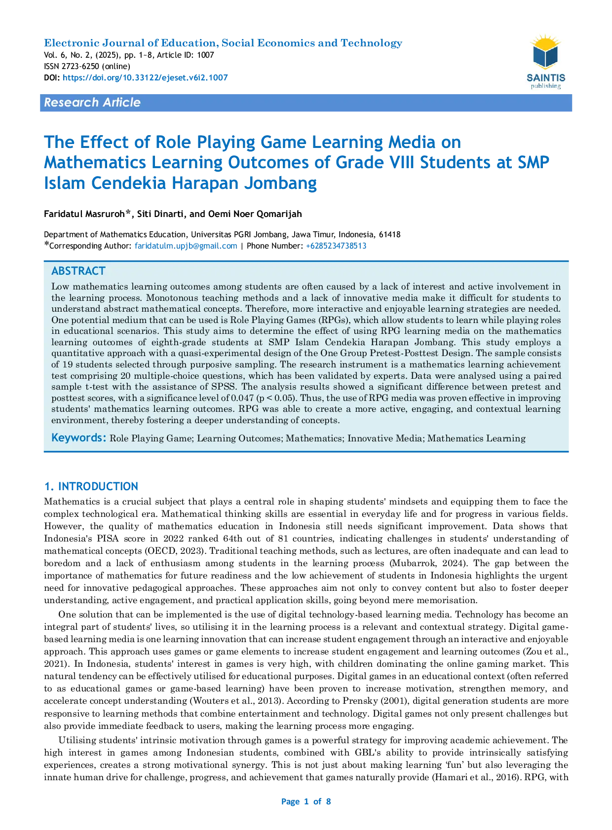 JURIS The Effect of Role Playing Game Learning Media on Mathematics Learning Outcomes of Grade VIII Students at SMP Islam Cendekia Harapan Jombang