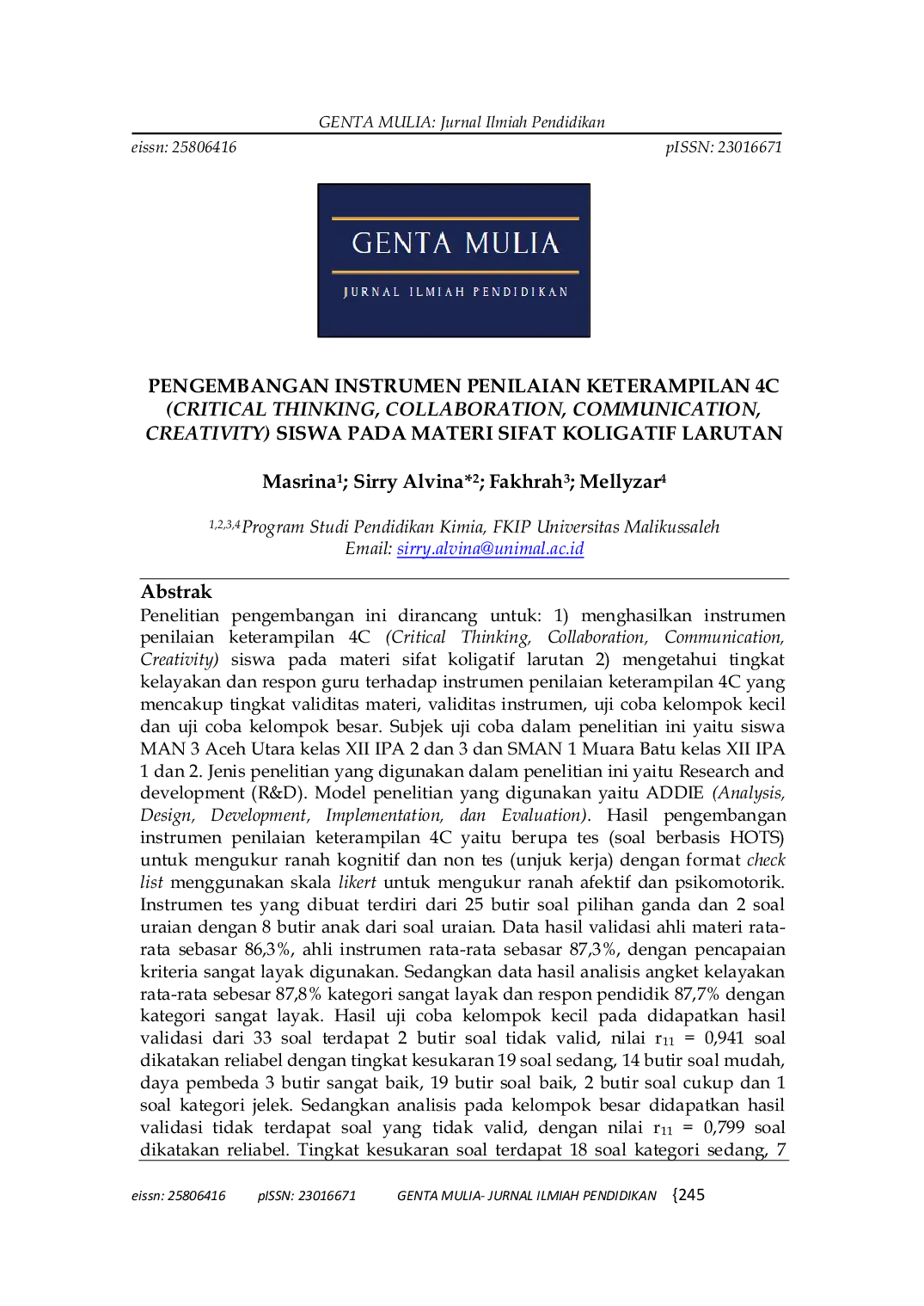 JURIS Pengembangan Instrumen Penilaian Keterampilan 4C Critical Thinking Collaboration Communication Creativity Siswa pada Materi Sifat Koligatif Larutan