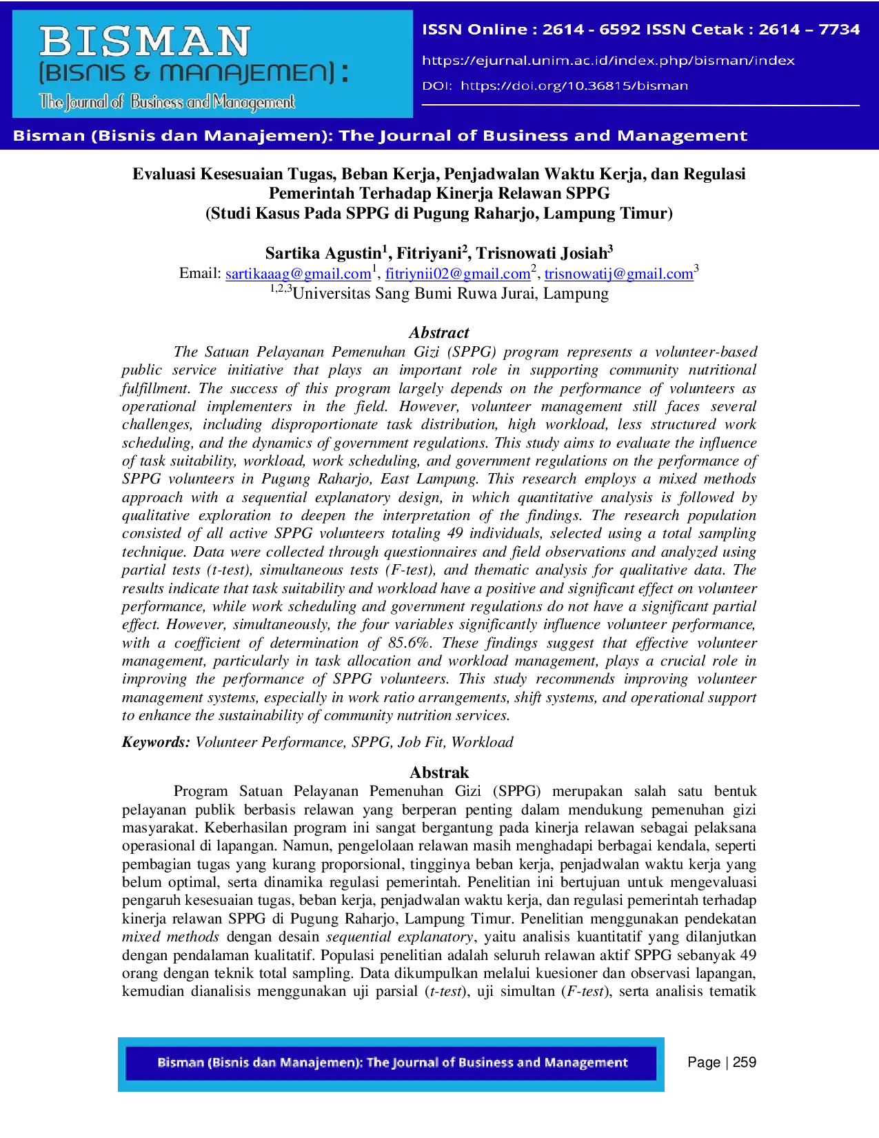 JURIS Evaluasi Kesesuaian Tugas Beban Kerja Penjadwalan Waktu Kerja dan Regulasi Pemerintah Terhadap Kinerja Relawan SPPG