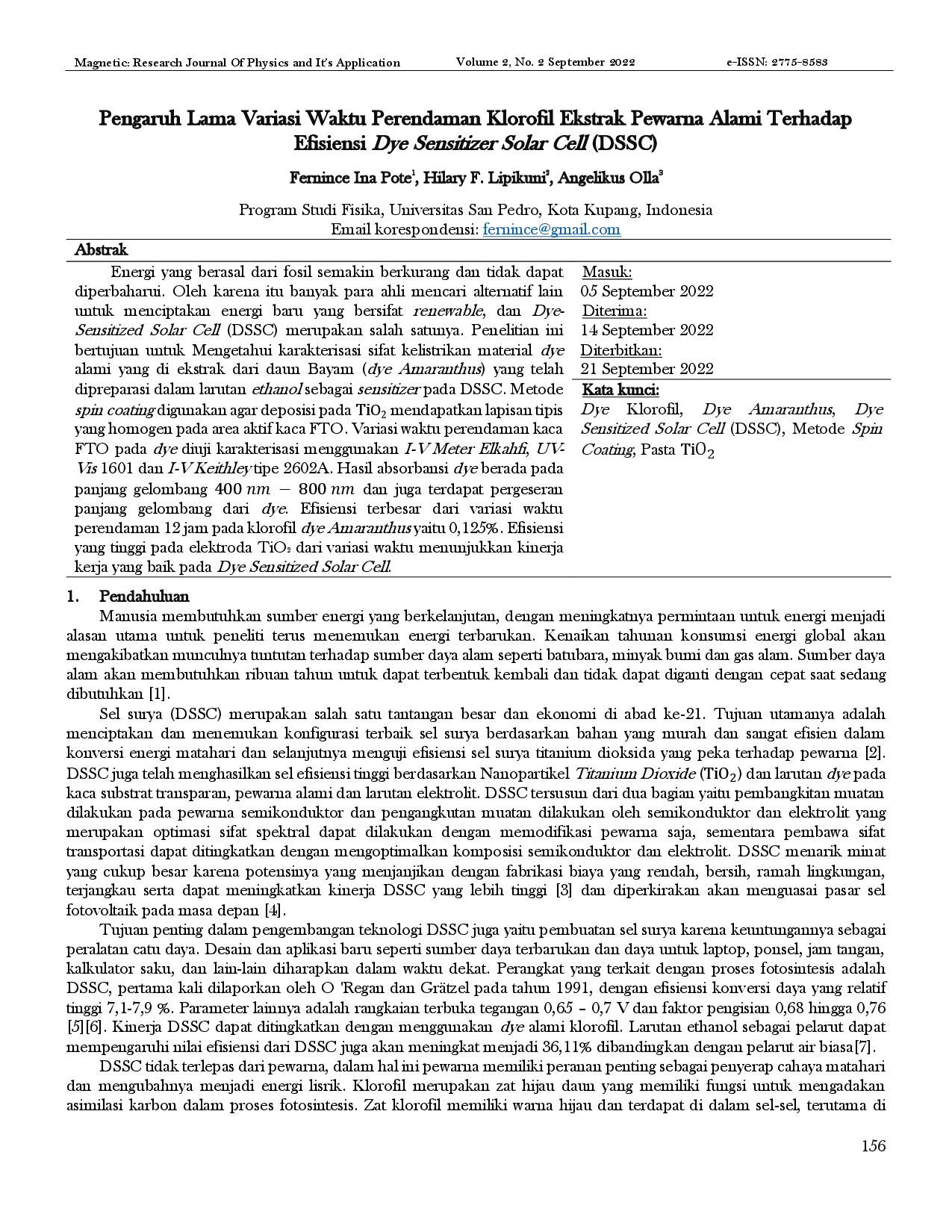 juris Pengaruh Lama Variasi Waktu Perendaman Klorofil Ekstrak Pewarna Alami Terhadap Efisiensi Dye Sensitizer Solar Cell DSSC
