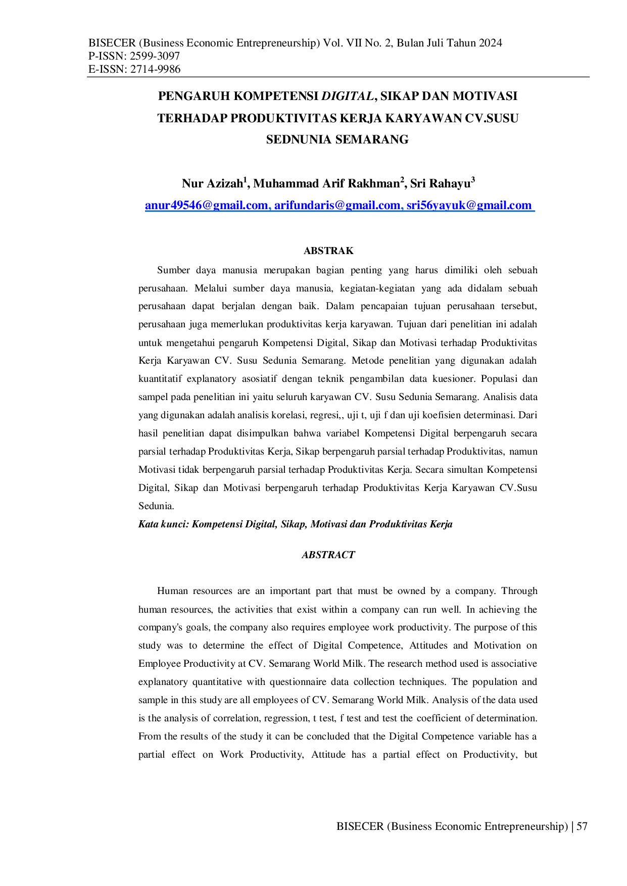 JURIS Pengaruh Kompetensi Digital Sikap Dan Motivasi Terhadap Produktivitas Kerja Karyawan Cv Susu Sedunia Semarang