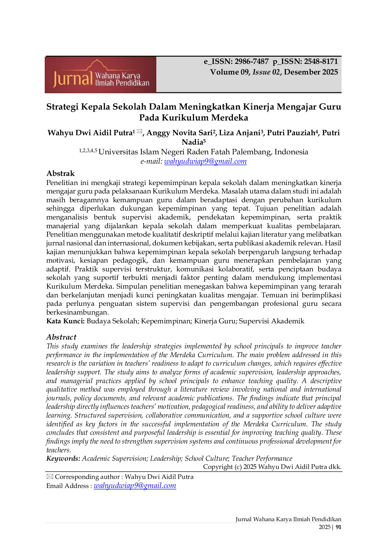 JURIS Strategi Kepala Sekolah Dalam Meningkatkan Kinerja Mengajar Guru Pada Kurikulum Merdeka