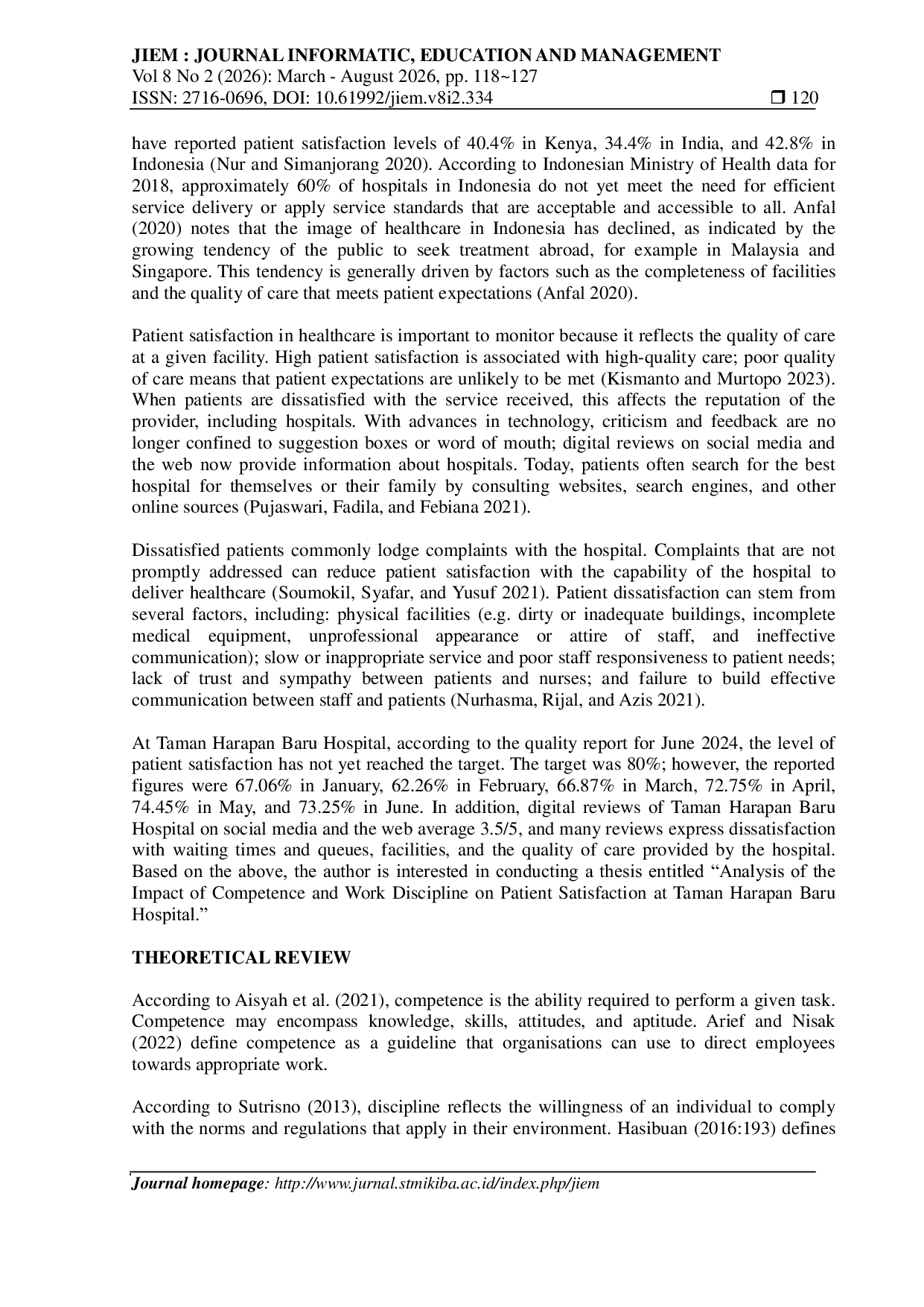 JURIS ANALYSIS OF THE IMPACT OF COMPETENCE AND WORK DISCIPLINE ON PATIENT SATISFACTION AT TAMAN HARAPAN BARU HOSPITAL