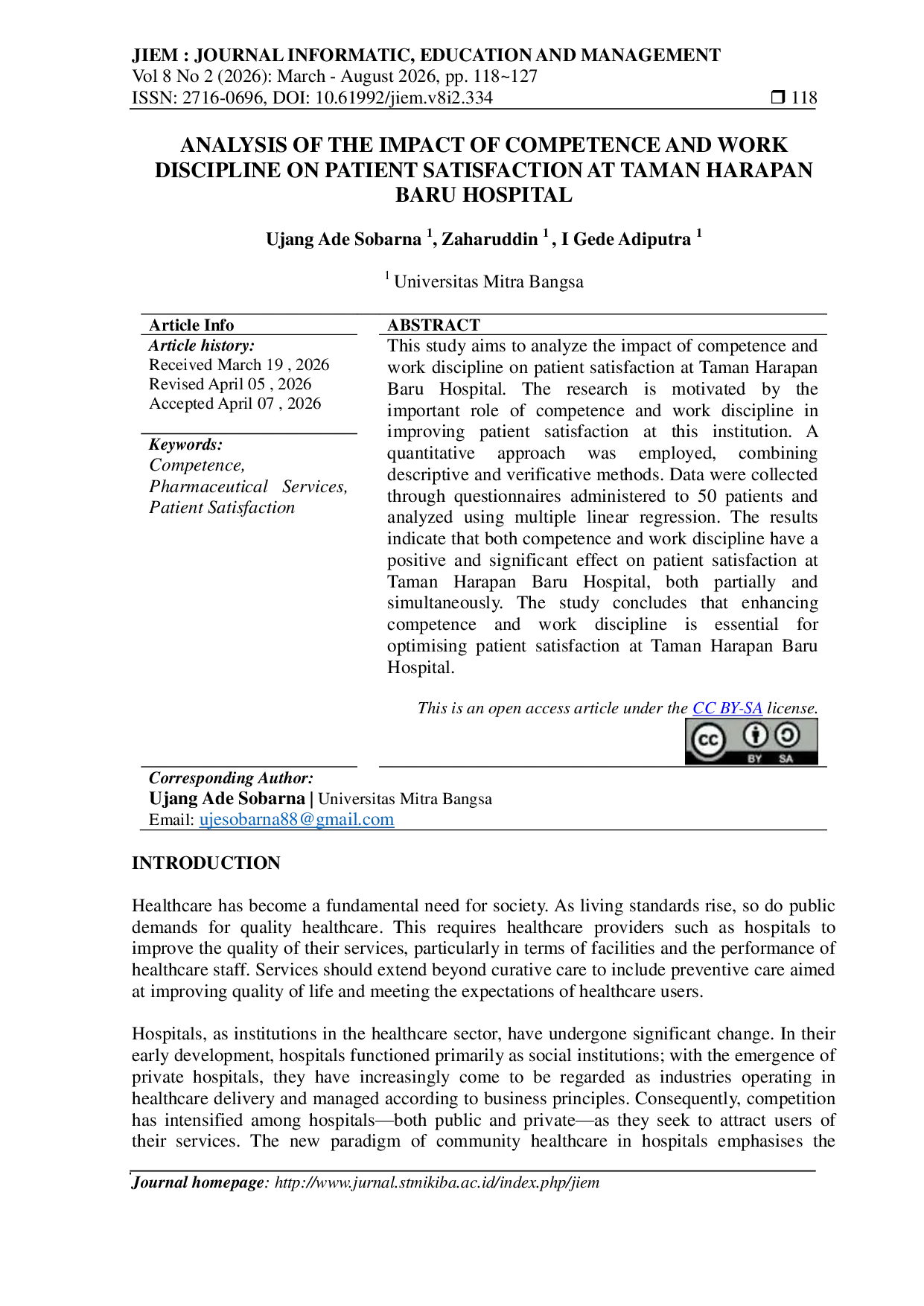 JURIS ANALYSIS OF THE IMPACT OF COMPETENCE AND WORK DISCIPLINE ON PATIENT SATISFACTION AT TAMAN HARAPAN BARU HOSPITAL