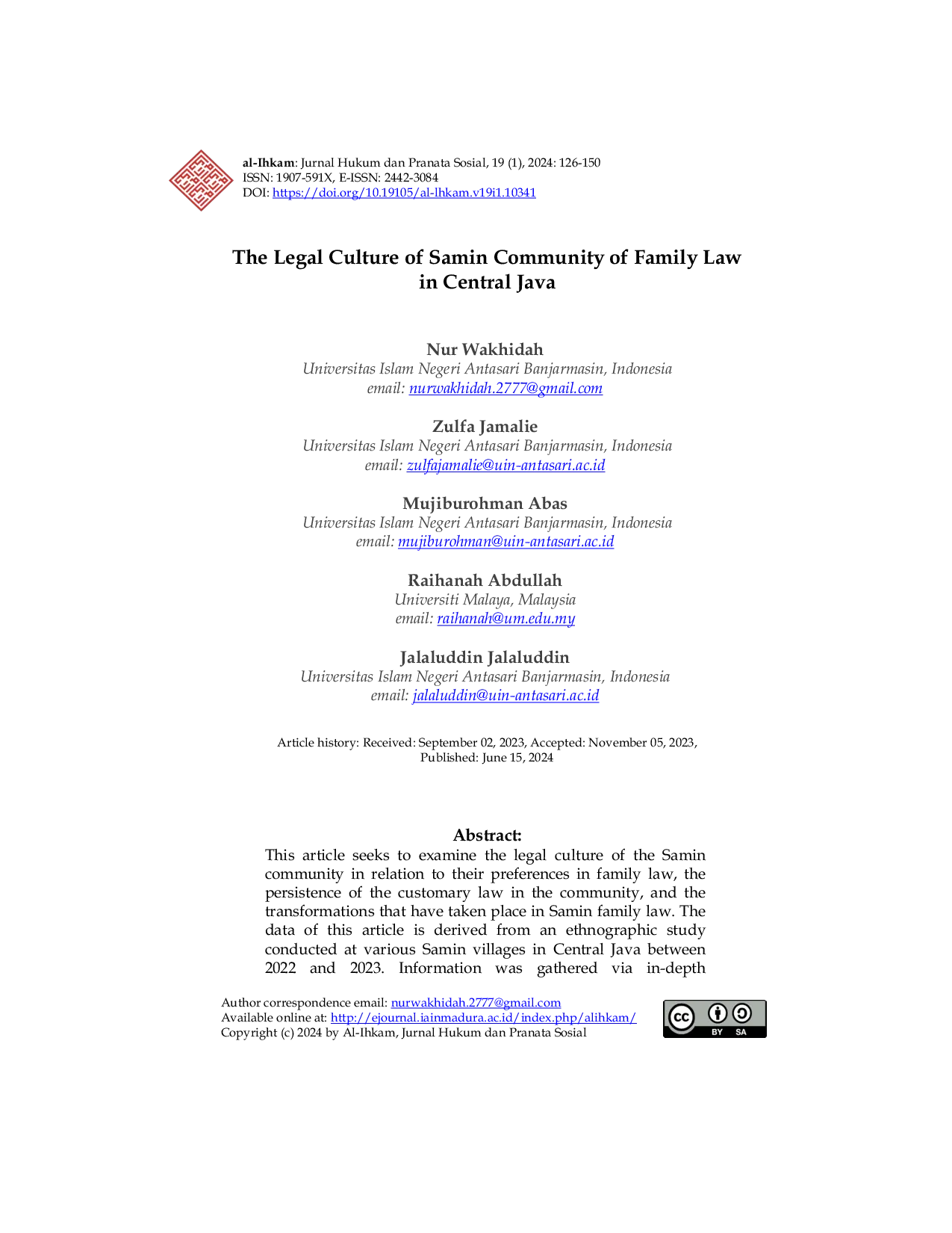 JURIS The Legal Culture of Samin Community of Family Law in Central Java