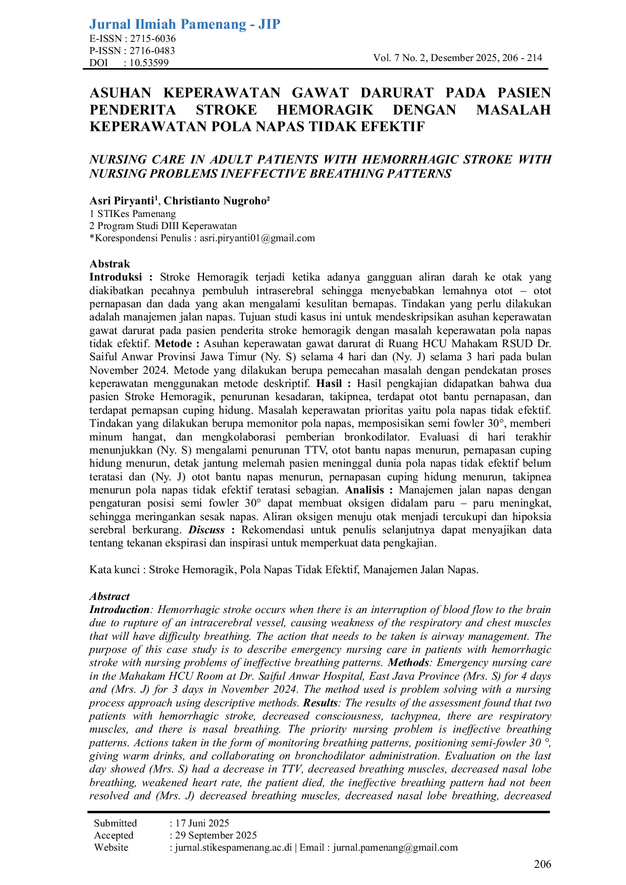 JURIS Asuhan Keperawatan Gawat Darurat Pada Pasien Penderita Stroke Hemoragik Dengan Masalah Keperawatan Pola Napas Tidak Efektif