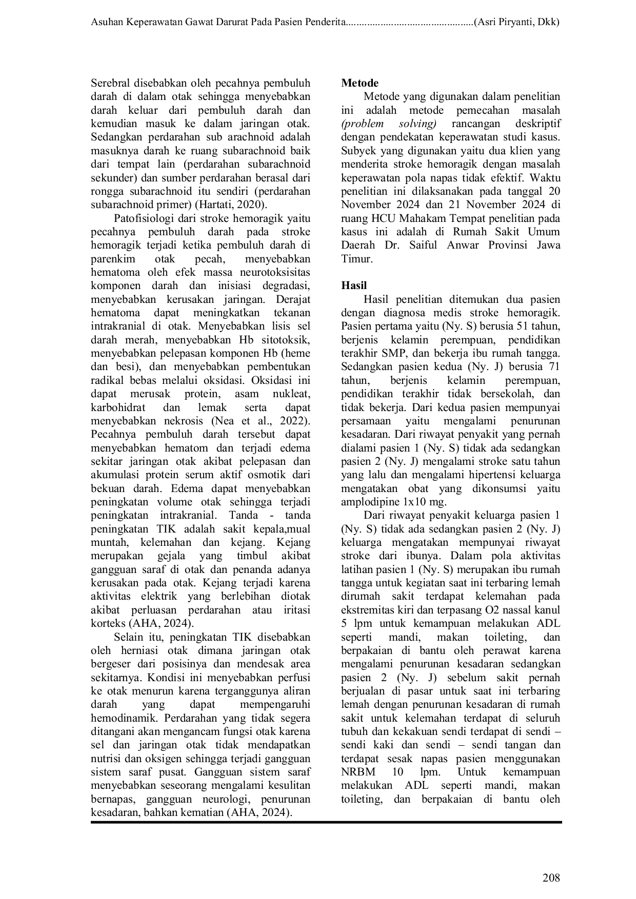 JURIS Asuhan Keperawatan Gawat Darurat Pada Pasien Penderita Stroke Hemoragik Dengan Masalah Keperawatan Pola Napas Tidak Efektif