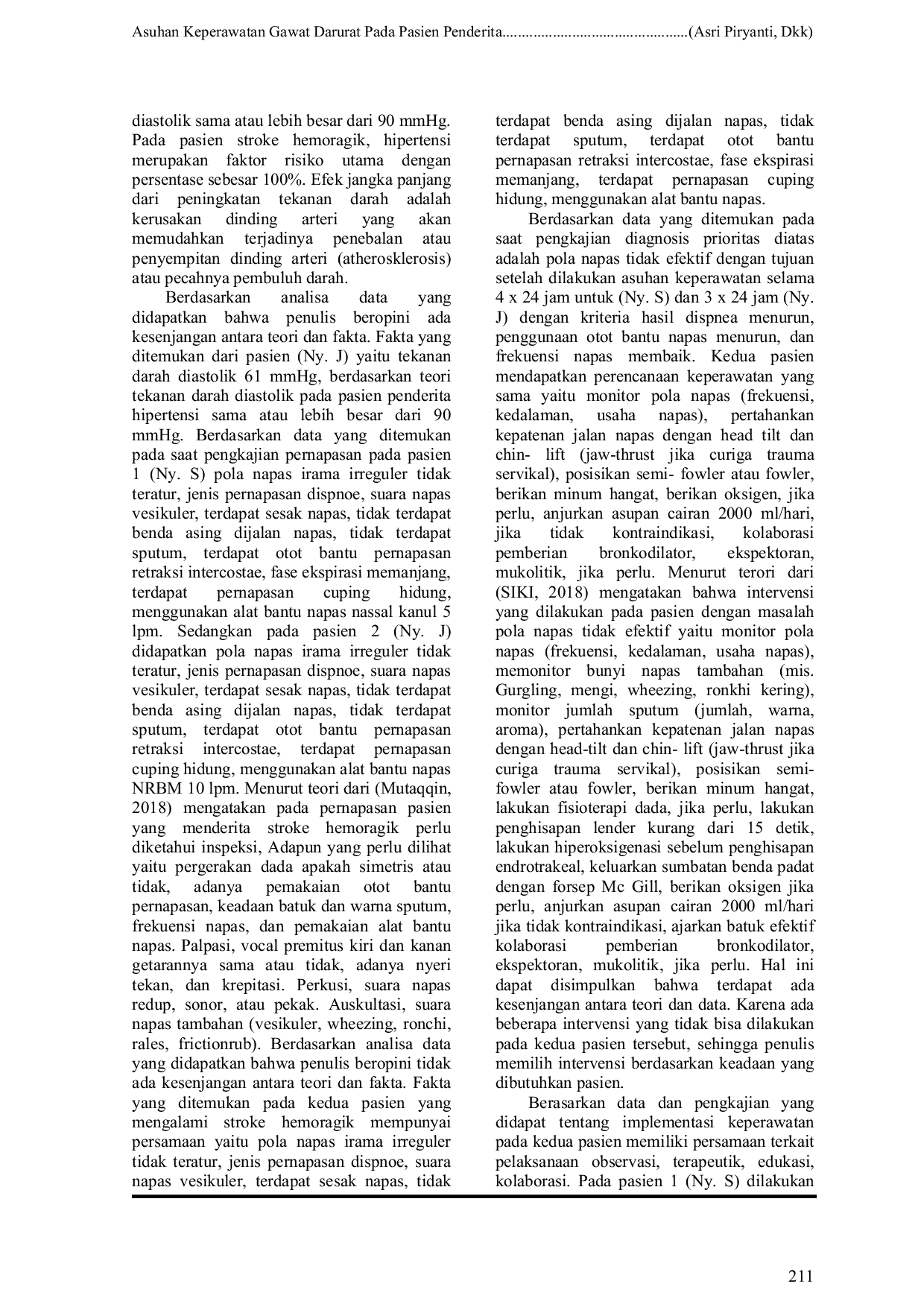 JURIS Asuhan Keperawatan Gawat Darurat Pada Pasien Penderita Stroke Hemoragik Dengan Masalah Keperawatan Pola Napas Tidak Efektif