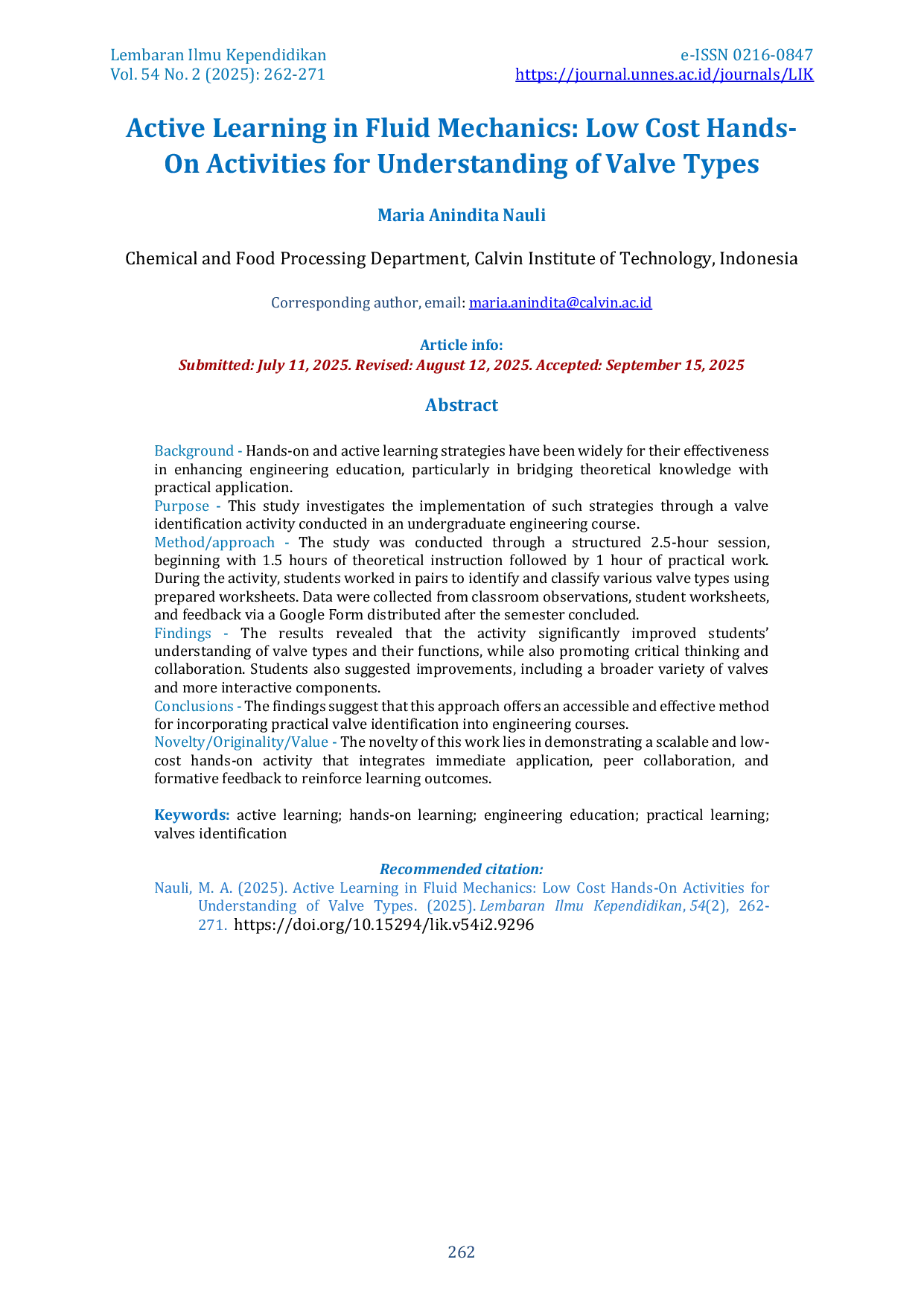 JURIS Active Learning in Fluid Mechanics Low Cost Hands on Activities for Understanding of Valve Types
