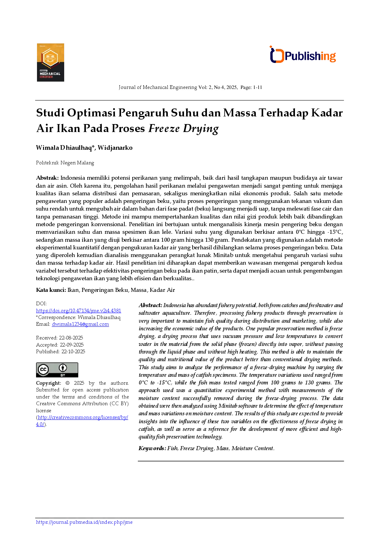 juris Studi Optimasi Pengaruh Suhu dan Massa Terhadap Kadar Air Ikan Pada Proses Freeze Drying