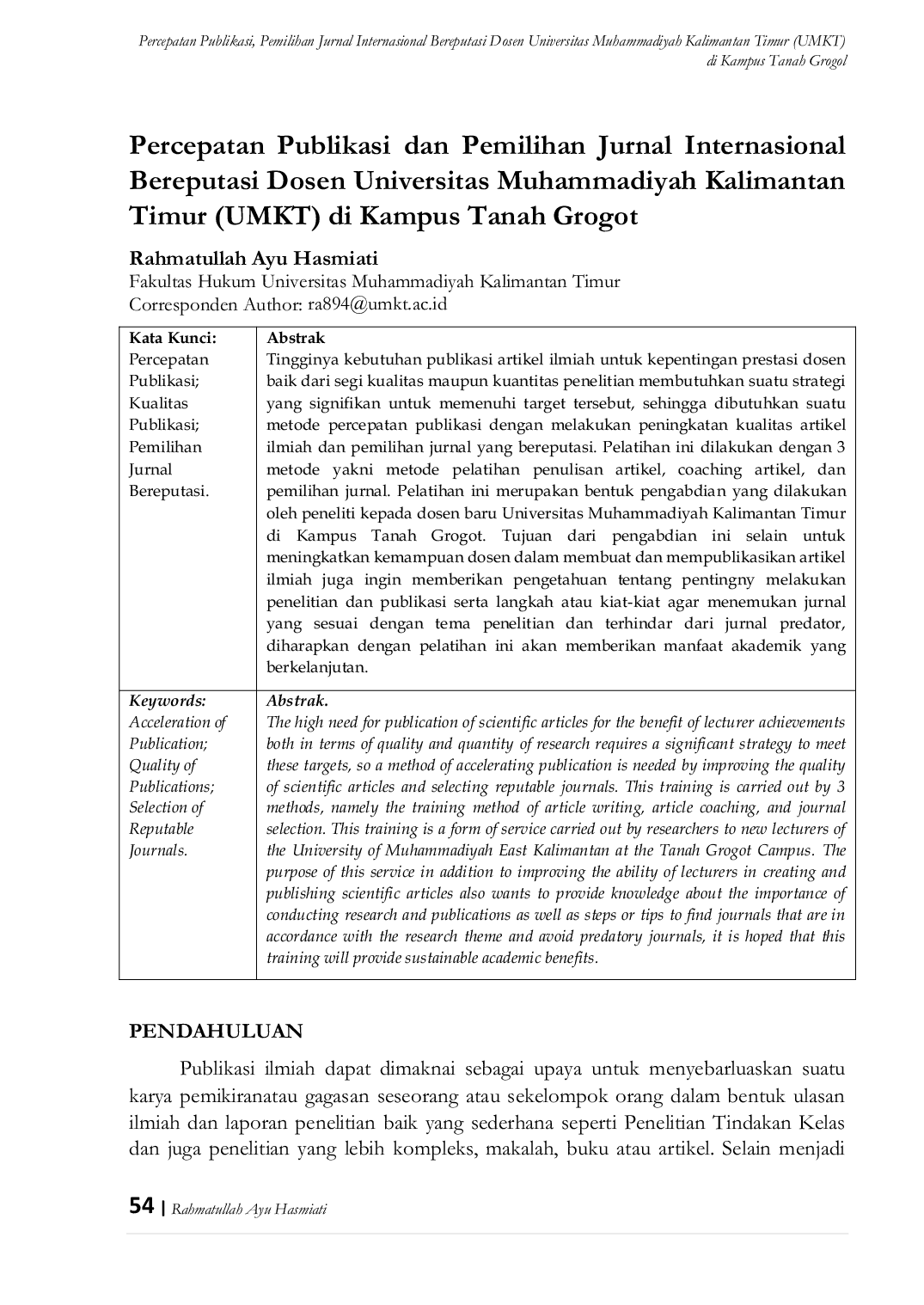 JURIS Percepatan Publikasi dan Pemilihan Jurnal Internasional Bereputasi Dosen Universitas Muhammadiyah Kalimantan Timur UMKT di Kampus Tanah Grogot