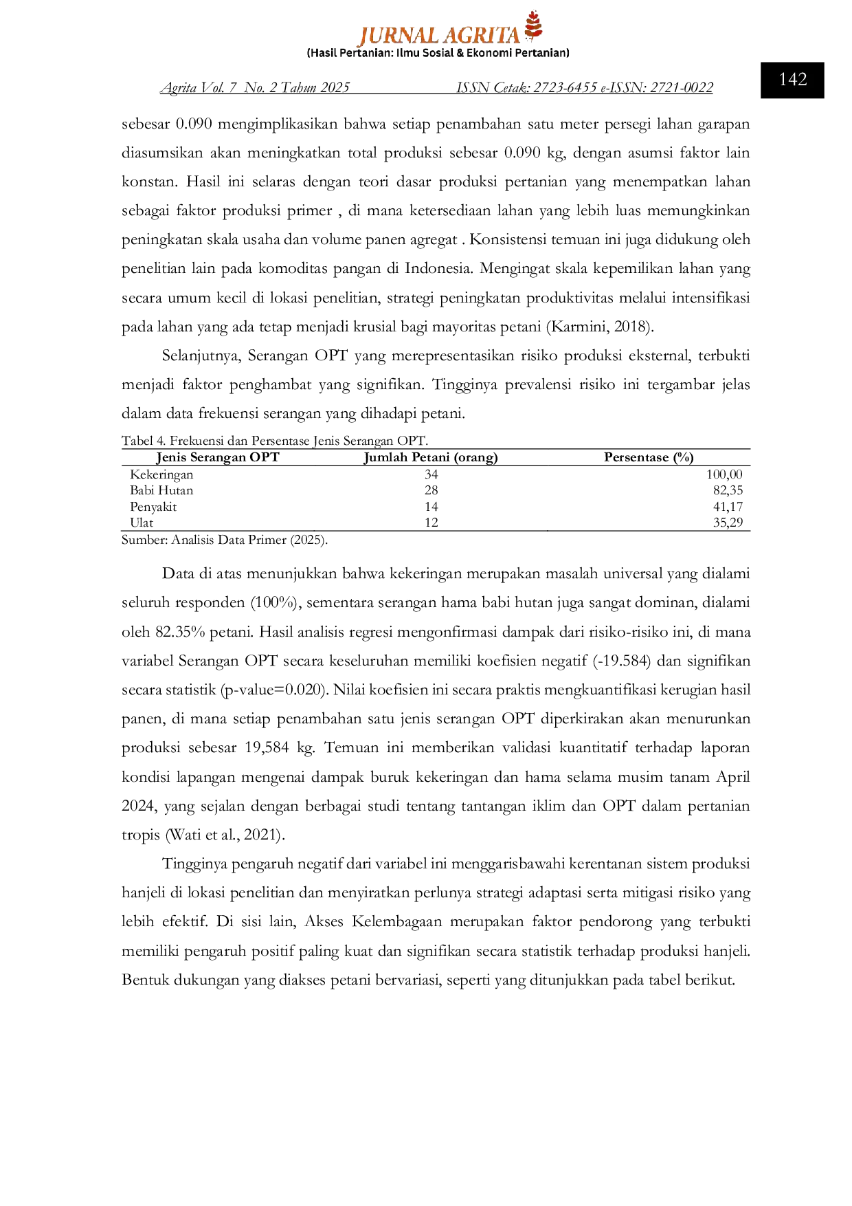 JURIS Pengaruh Luas Lahan Serangan OPT dan Akses Kelembagaan Terhadap Produksi Hanjeli di Desa Waluran Mandiri