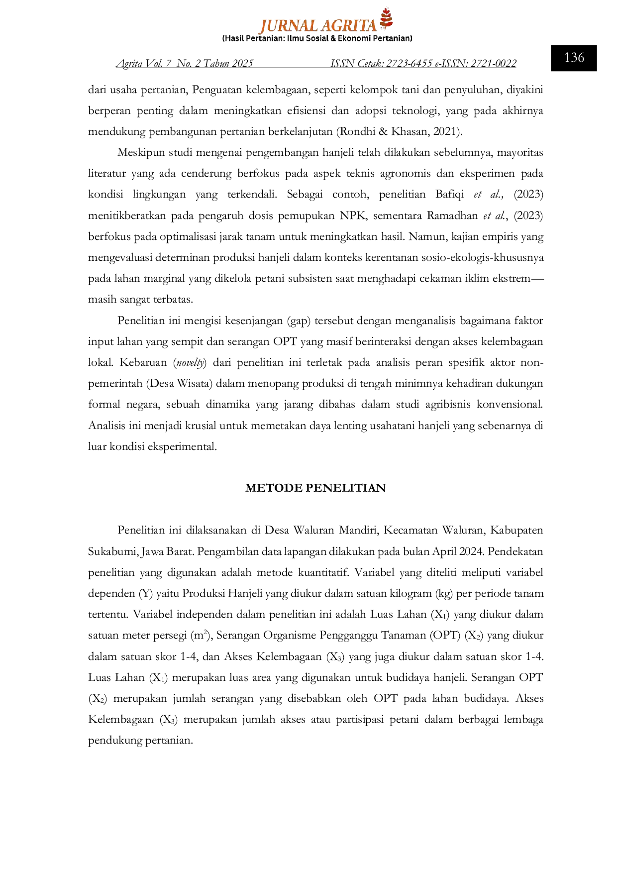 JURIS Pengaruh Luas Lahan Serangan OPT dan Akses Kelembagaan Terhadap Produksi Hanjeli di Desa Waluran Mandiri