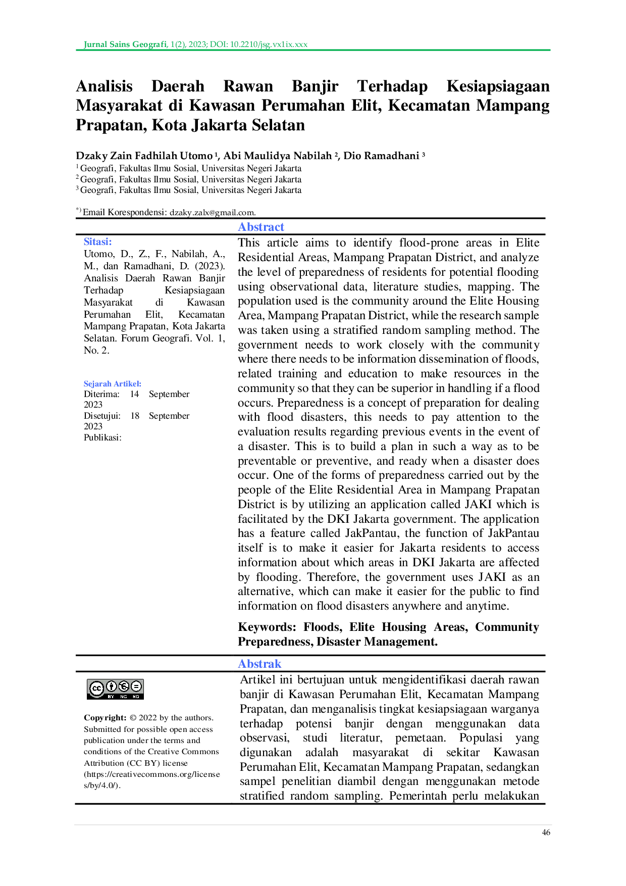 JURIS Analisis Daerah Rawan Banjir Terhadap Kesiapsiagaan Masyarakat di Kawasan Perumahan Elit Kecamatan Mampang Prapatan Kota Jakarta Selatan