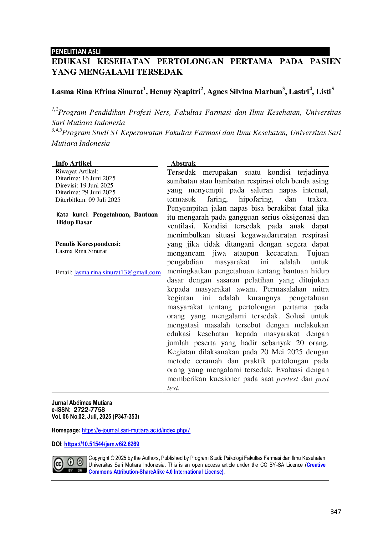 JURIS Edukasi Kesehatan Pertolongan Pertama Pada Pasien Yang Mengalami Tersedak