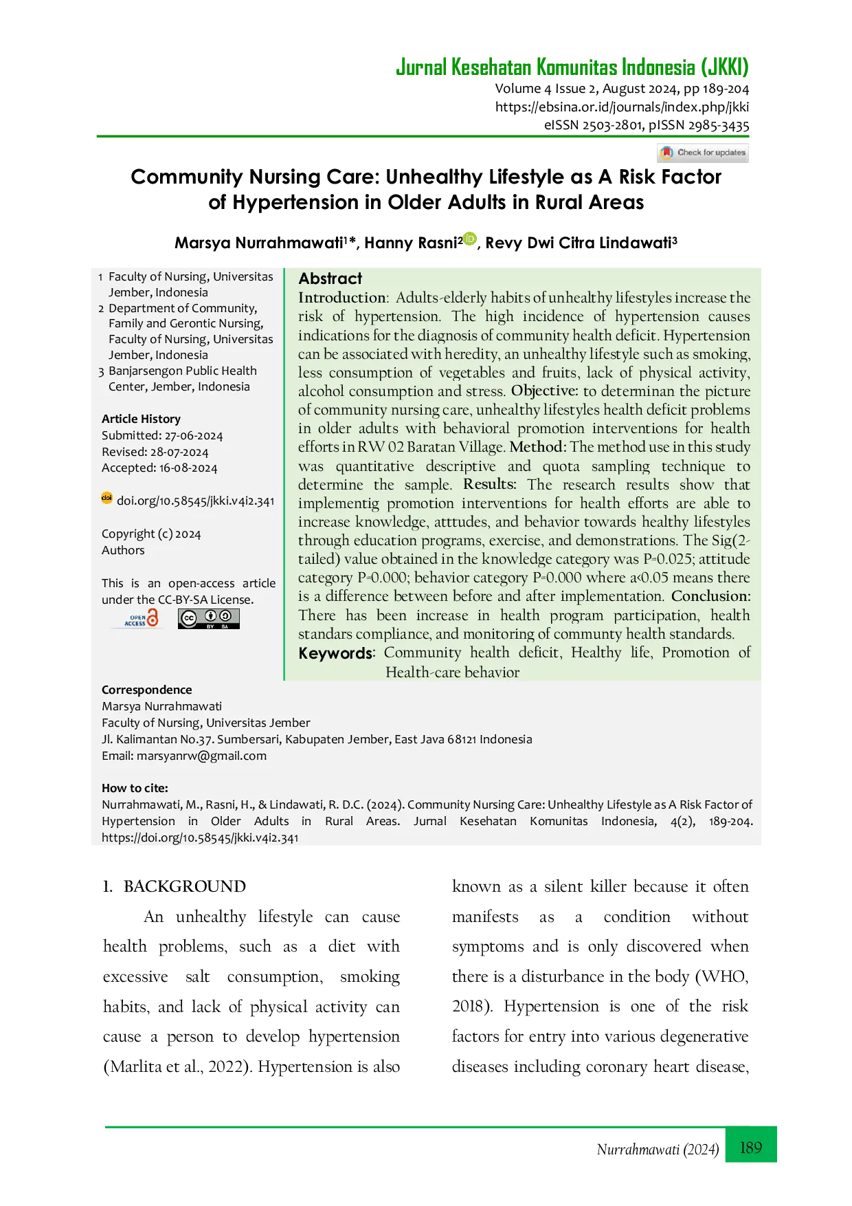 JURIS Community Nursing Care Unhealthy Lifestyle as A Risk Factor of Hypertension in Older Adults in Rural Areas