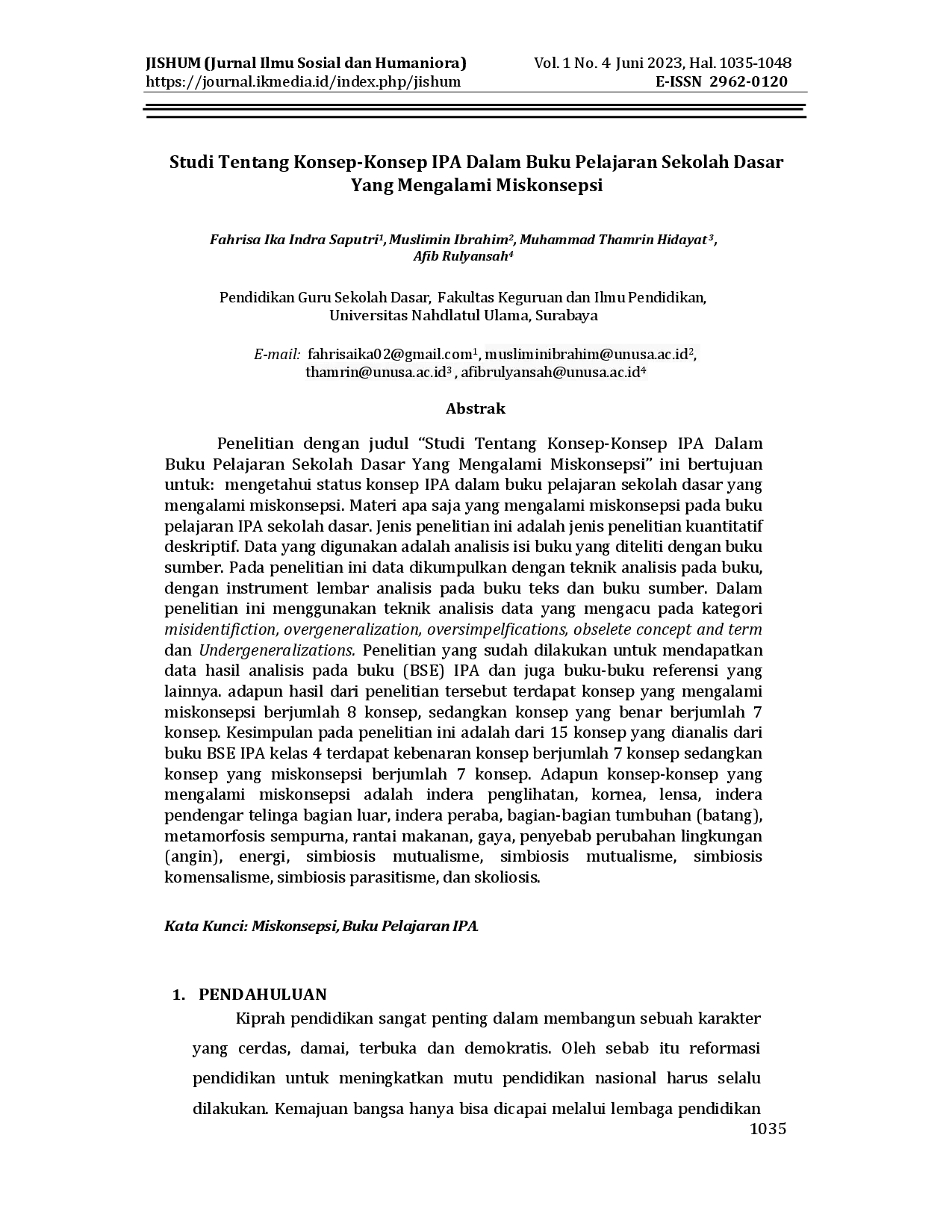 juris Studi Tentang Konsep Konsep IPA Dalam Buku Pelajaran Sekolah Dasar Yang Mengalami Miskonsepsi