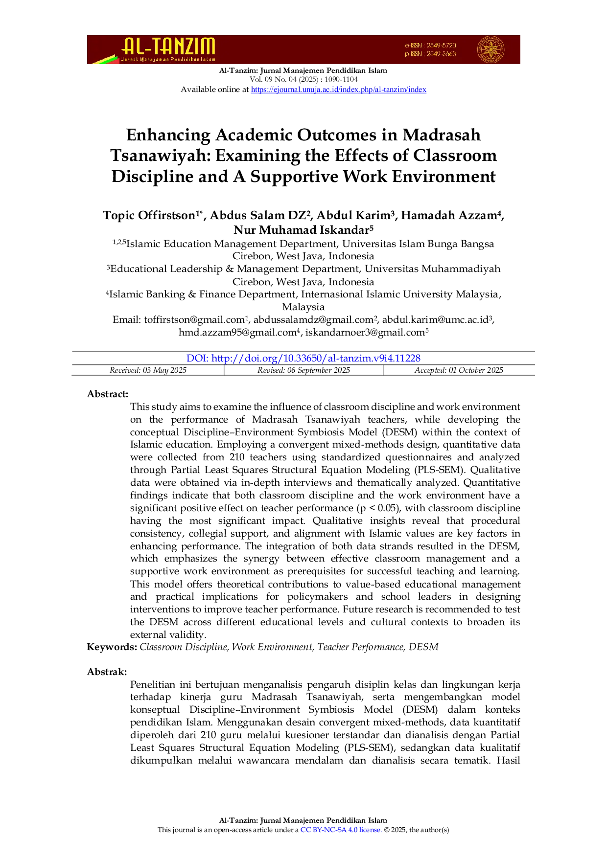 JURIS Enhancing Academic Outcomes in Madrasah Tsanawiyah Examining the Effects of Classroom Discipline and A Supportive Work Environment