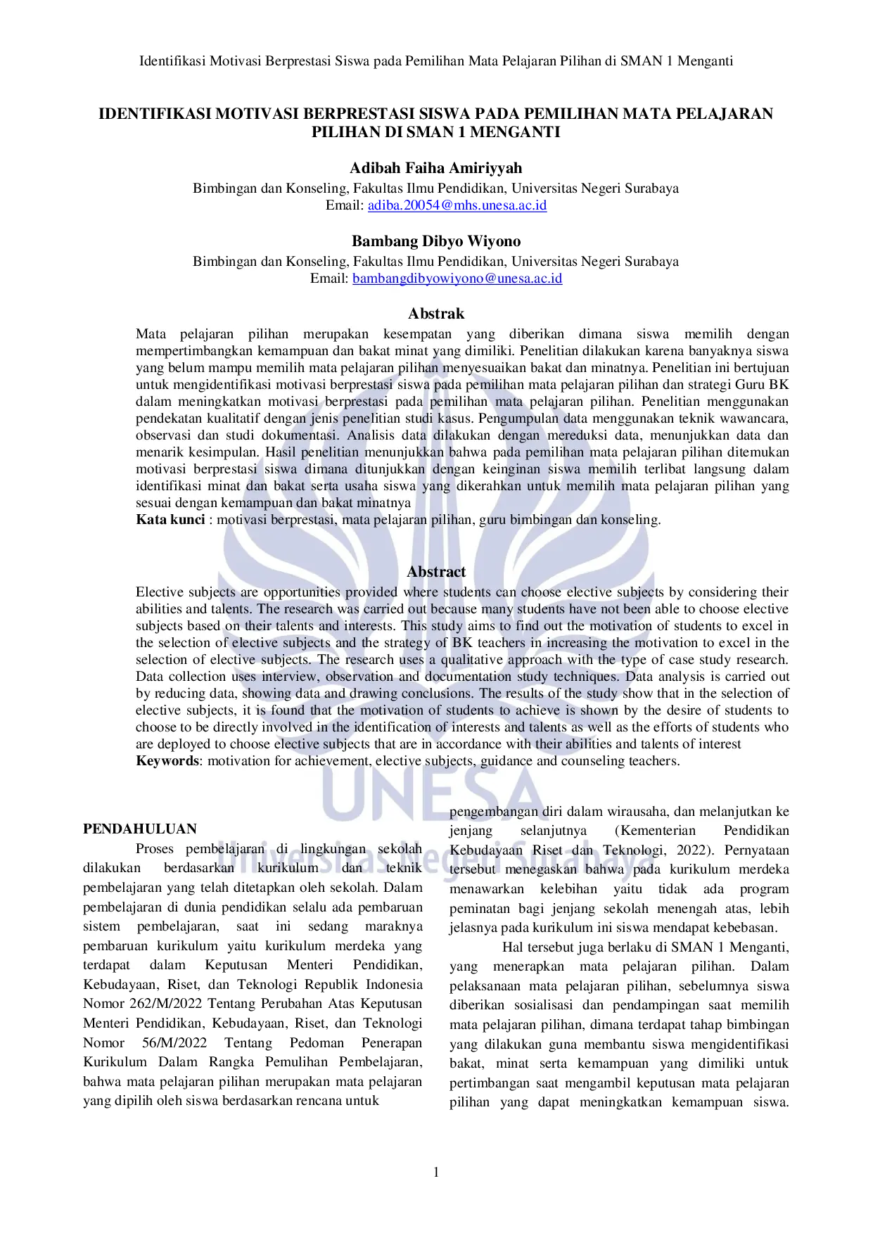 JURIS Identifikasi Motivasi Berprestasi Siswa Pada Pemilihan Mata Pelajaran Pilihan Di Sman 1 Menganti