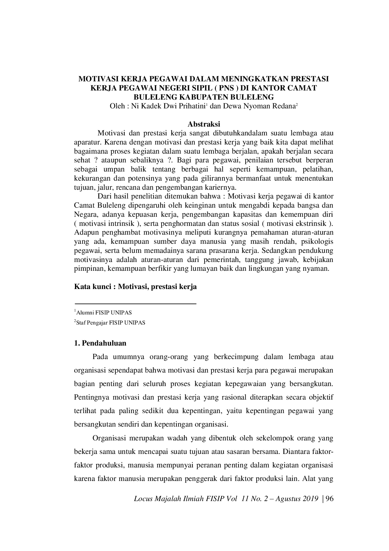 JURIS Motivasi Kerja Pegawai Dalam Meningkatkan Prestasi Kerja Pegawai Negeri Sipil PNS Di Kantor Camat Buleleng Kabupaten Buleleng