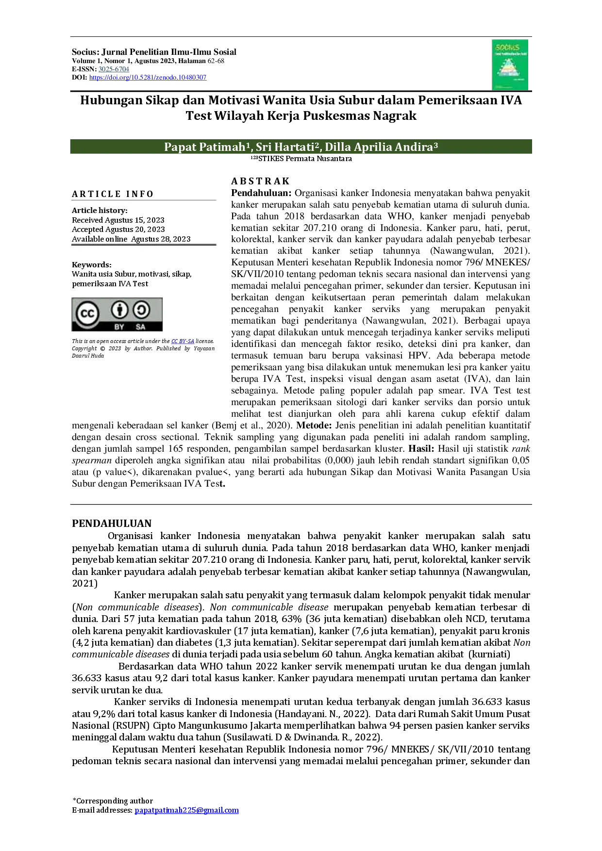 JURIS Hubungan Sikap dan Motivasi Wanita Usia Subur dalam Pemeriksaan IVA Test Wilayah Kerja Puskesmas Nagrak