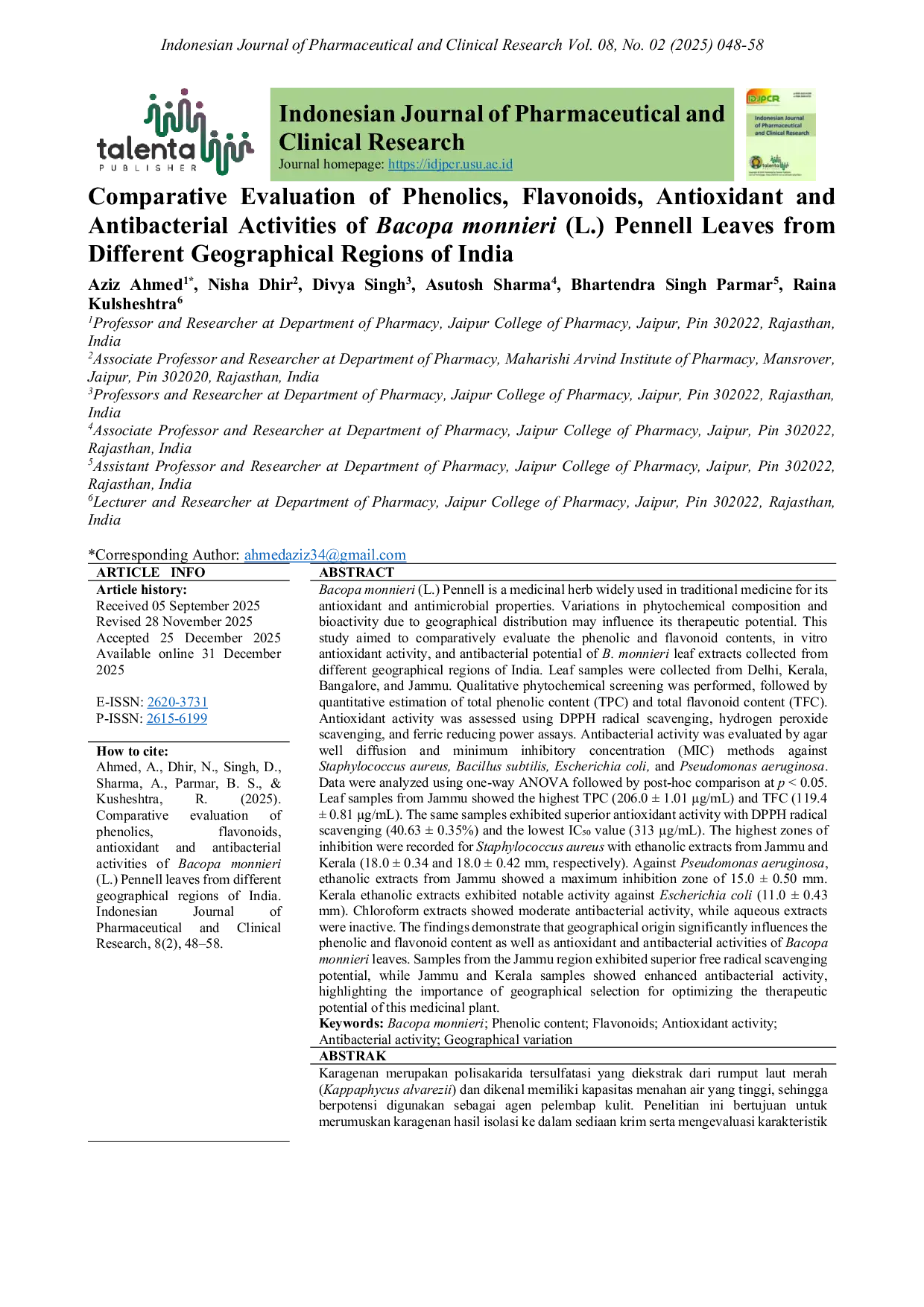 JURIS Comparative Evaluation Of Phenolics Flavonoids Antioxidant And Antibacterial Activities Of Bacopa Monnieri L Pennell Leaves From Different Geographical Regions Of India
