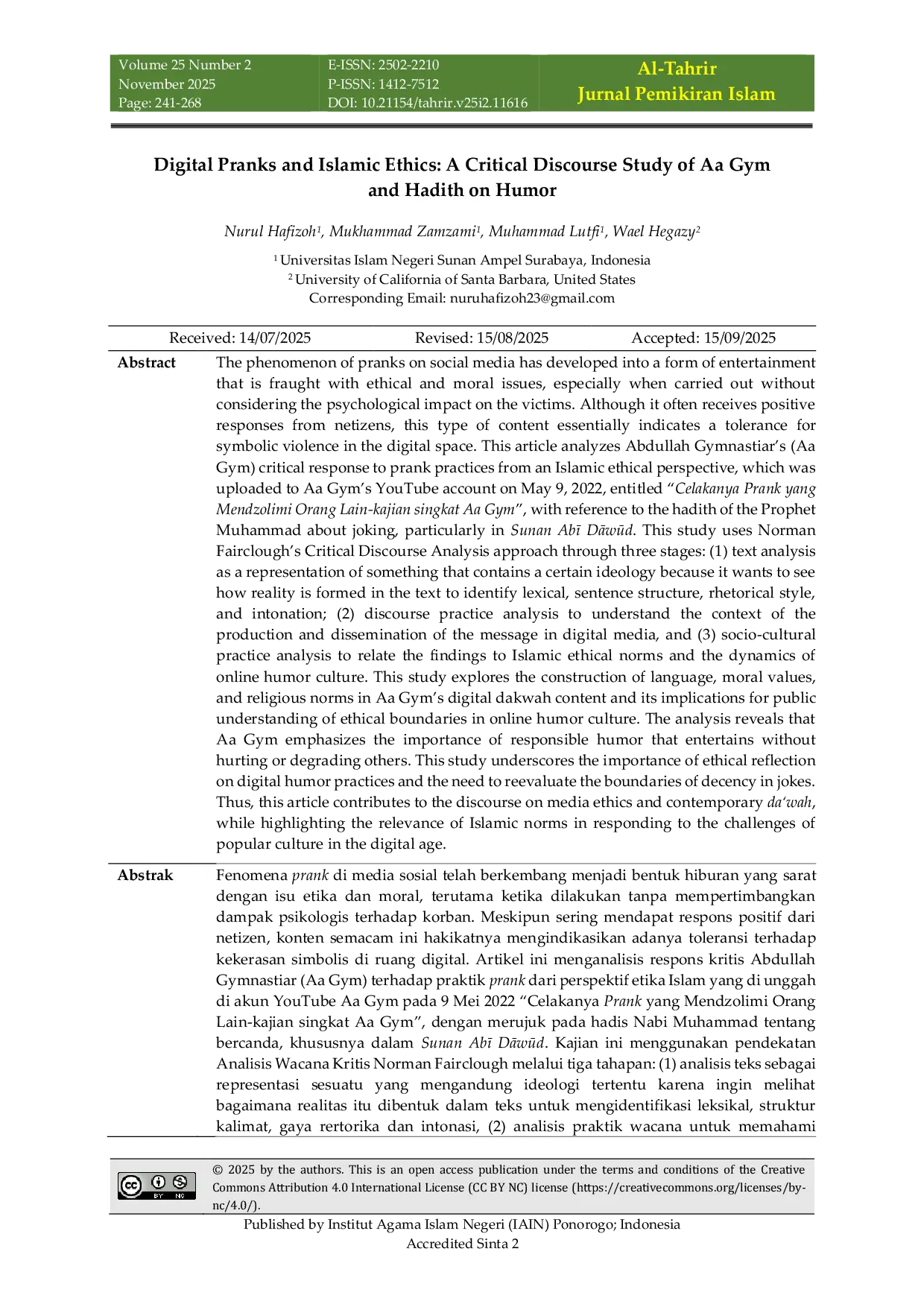 JURIS Digital Pranks and Islamic Ethics A Critical Discourse Study of Aa Gym and Hadith on Humor