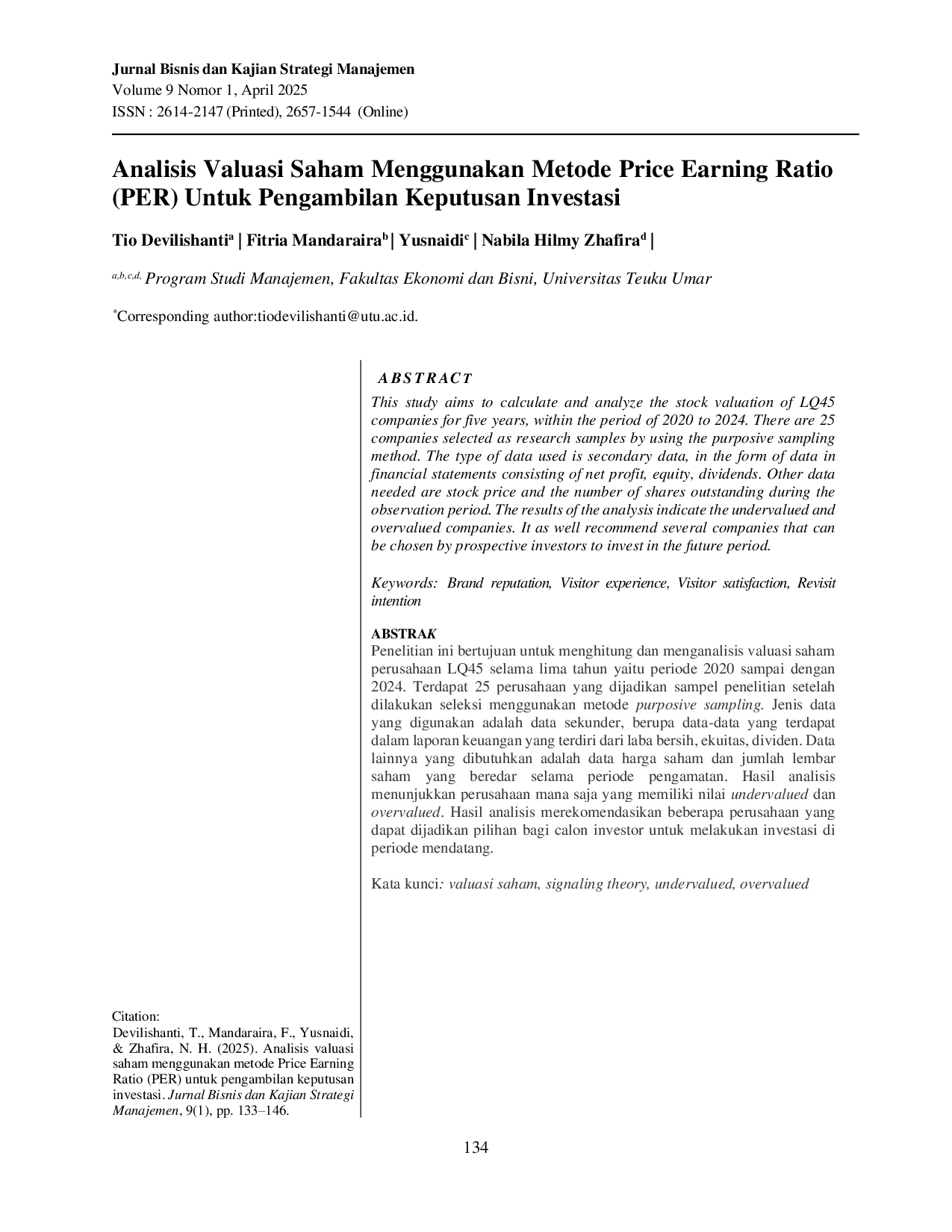 JURIS Analisis Valuasi Saham Menggunakan Metode Price Earning Ratio Per Untuk Pengambilan Keputusan Investasi