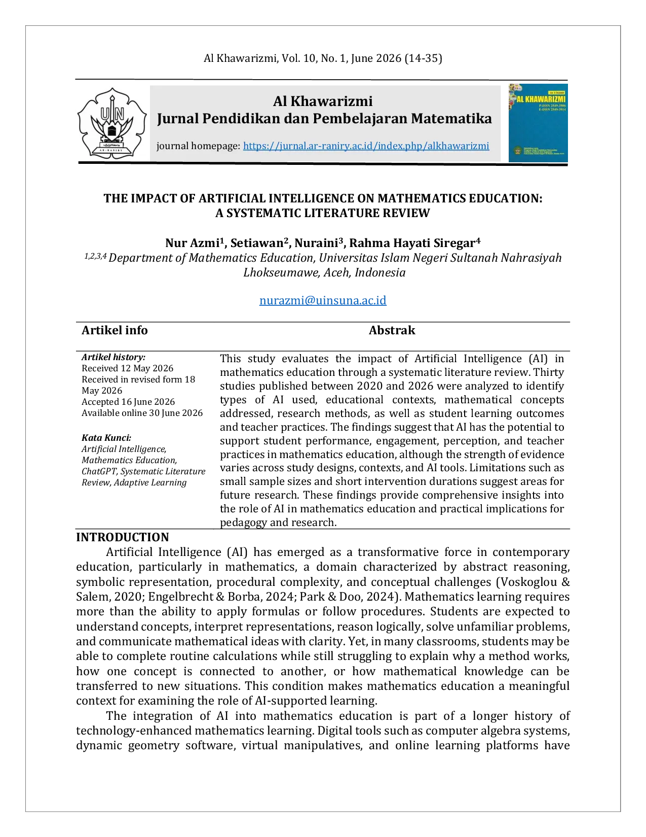 JURIS The Impact of Artificial Intelligence on Mathematics Education A Systematic Literature Review