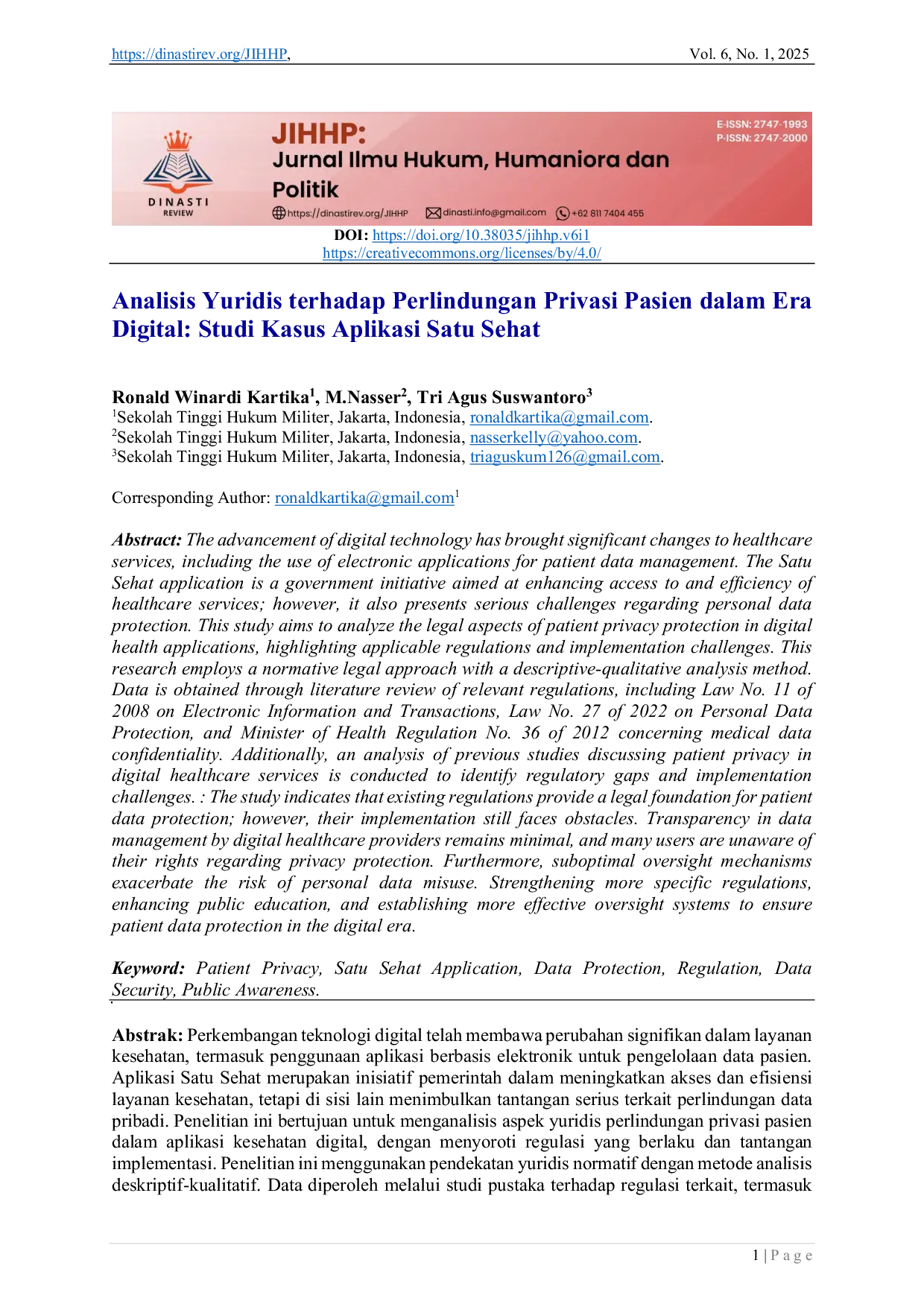 JURIS Analisis Yuridis terhadap Perlindungan Privasi Pasien dalam Era Digital Studi Kasus Aplikasi Satu Sehat