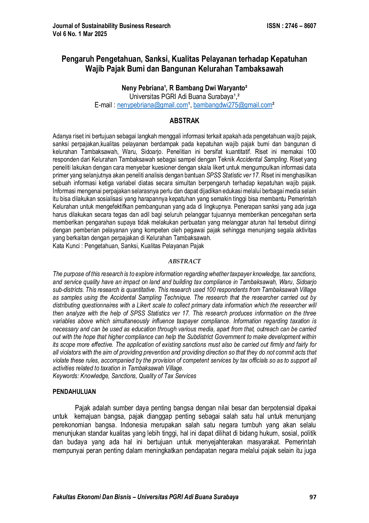JURIS Pengaruh Pengetahuan Sanksi Kualitas Pelayanan terhadap Kepatuhan Wajib Pajak Bumi dan Bangunan Kelurahan Tambaksawah