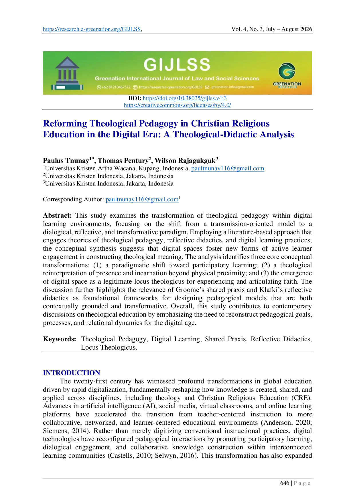 JURIS Reforming Theological Pedagogy in Christian Religious Education in the Digital Era A Theological Didactic Analysis