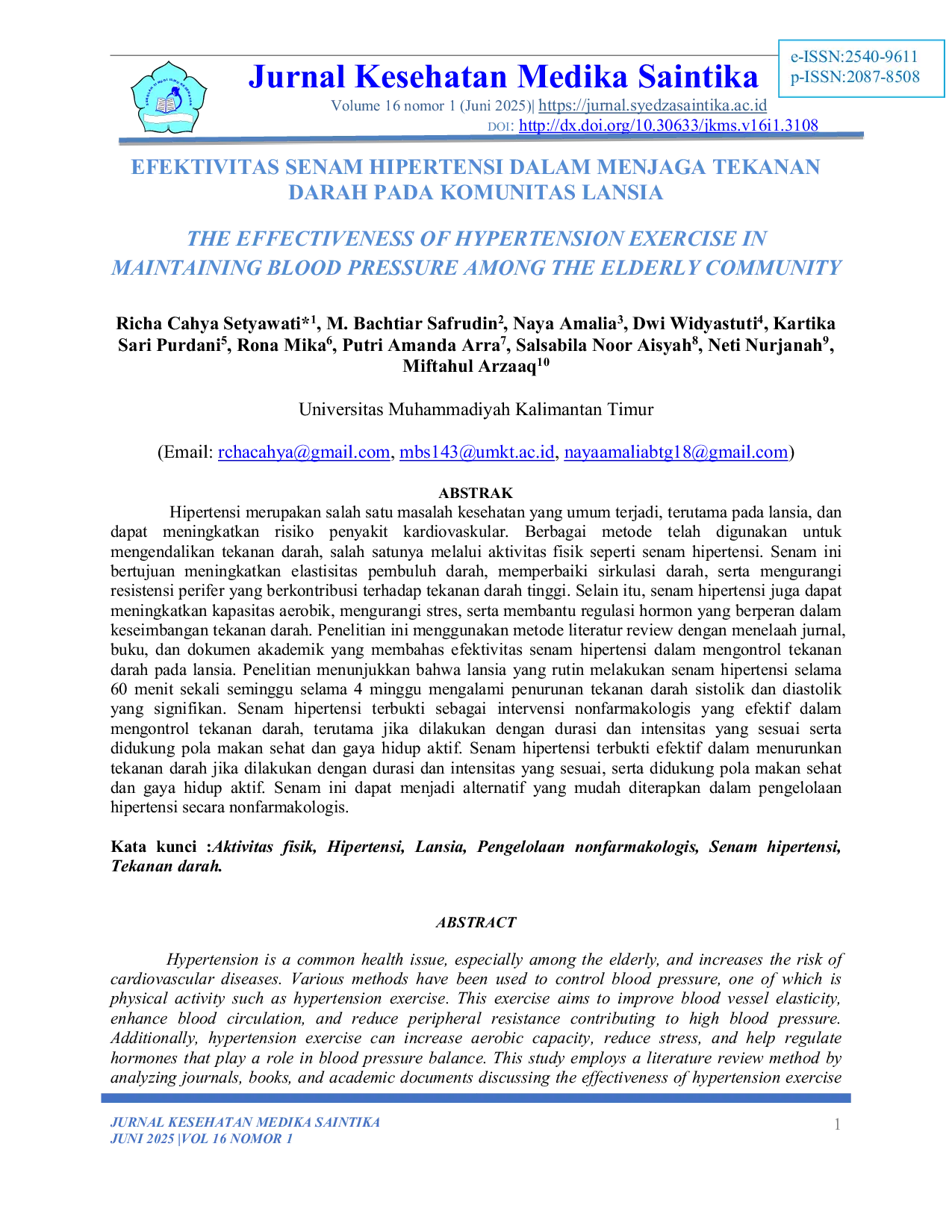 JURIS Efektivitas Senam Hipertensi Dalam Menjaga Tekanan Darah Pada Komunitas Lansia