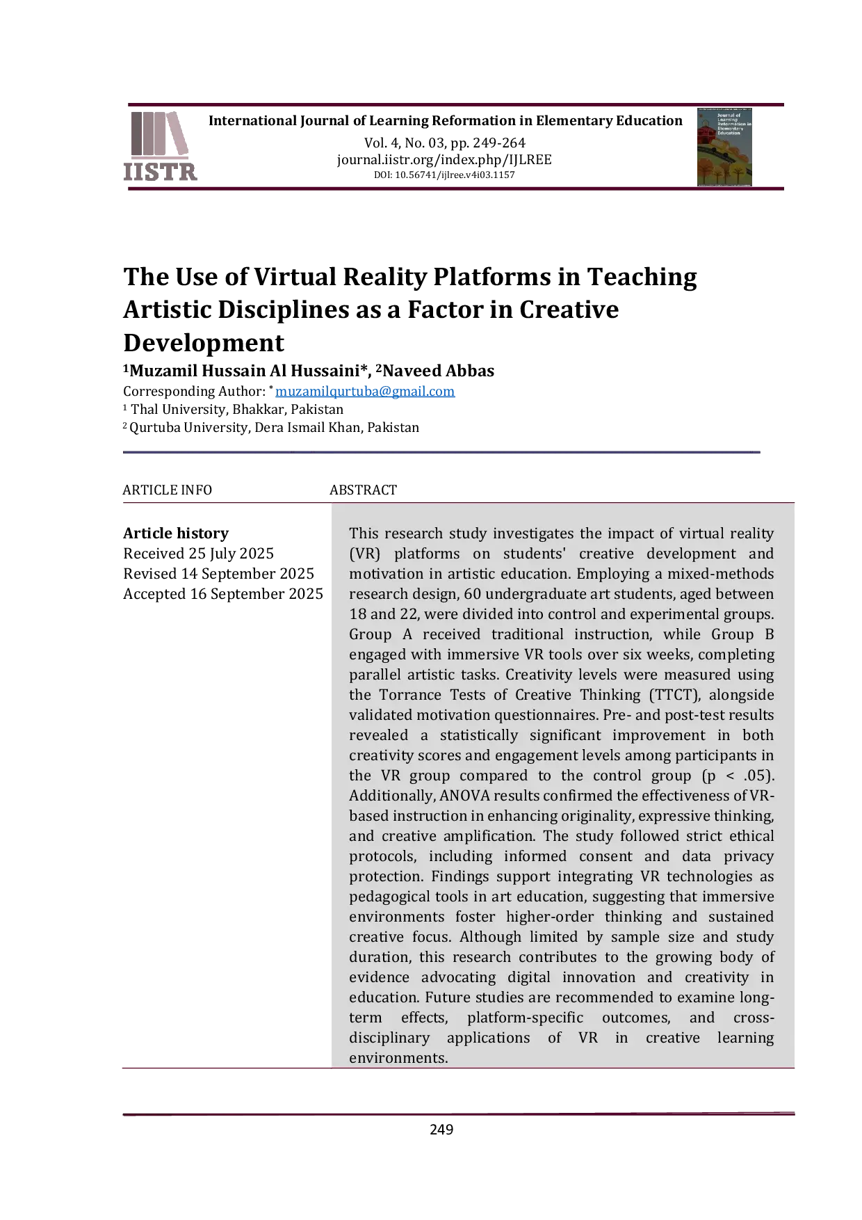 JURIS The Use of Virtual Reality Platforms in Teaching Artistic Disciplines as a Factor in Creative Development