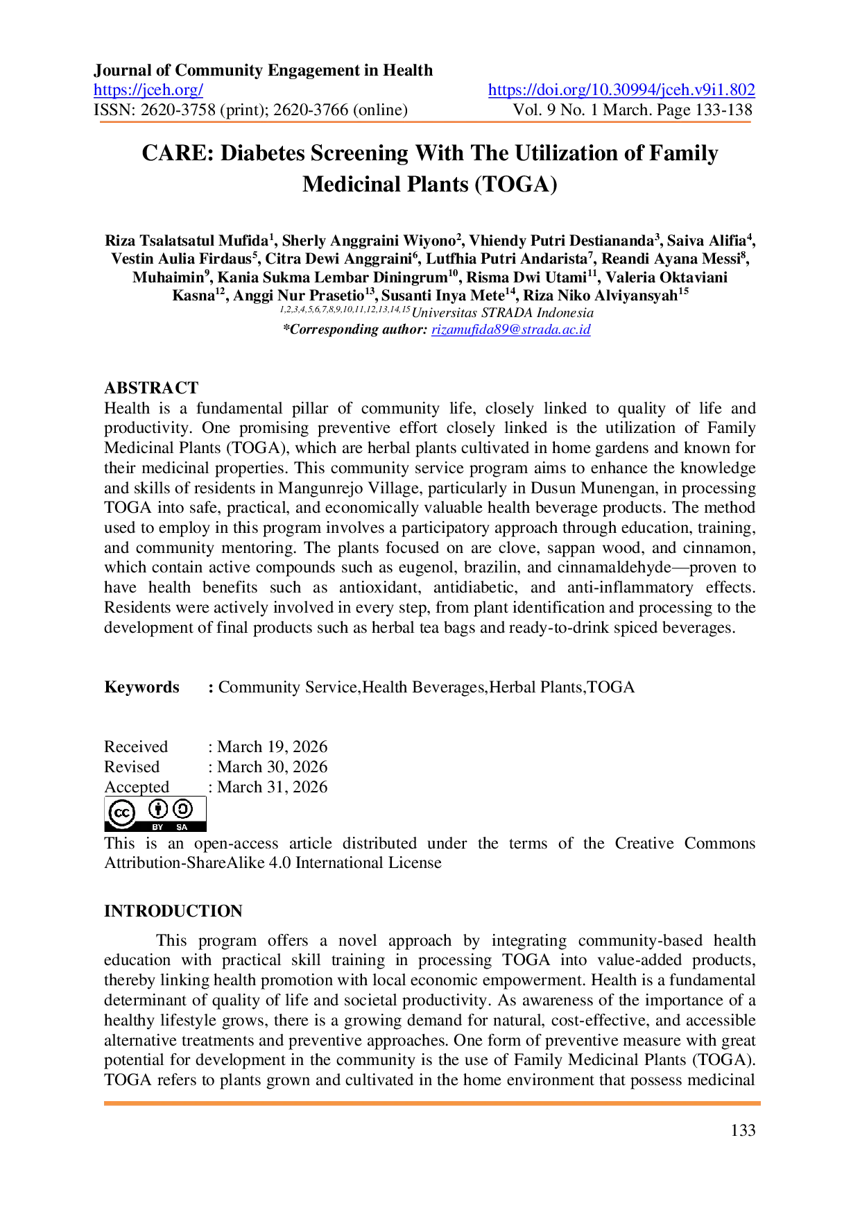 JURIS CARE Diabetes Screening With The Utilization of Family Medicinal Plants TOGA