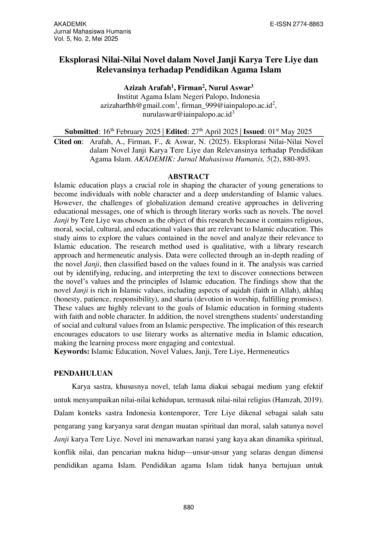 JURIS Eksplorasi Nilai Nilai Novel dalam Novel Janji Karya Tere Liye dan Relevansinya terhadap Pendidikan Agama Islam