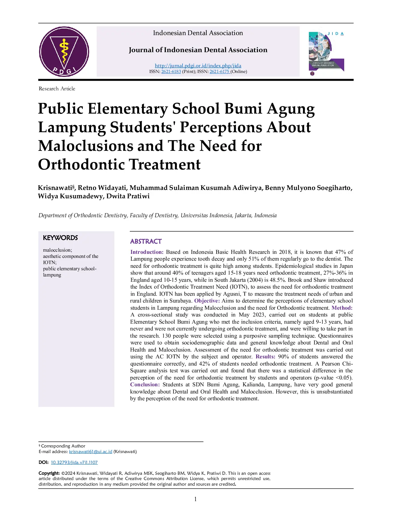 JURIS Public Elementary School Bumi Agung Lampung Students Perceptions About Maloclusions and The Need for Orthodontic Treatment