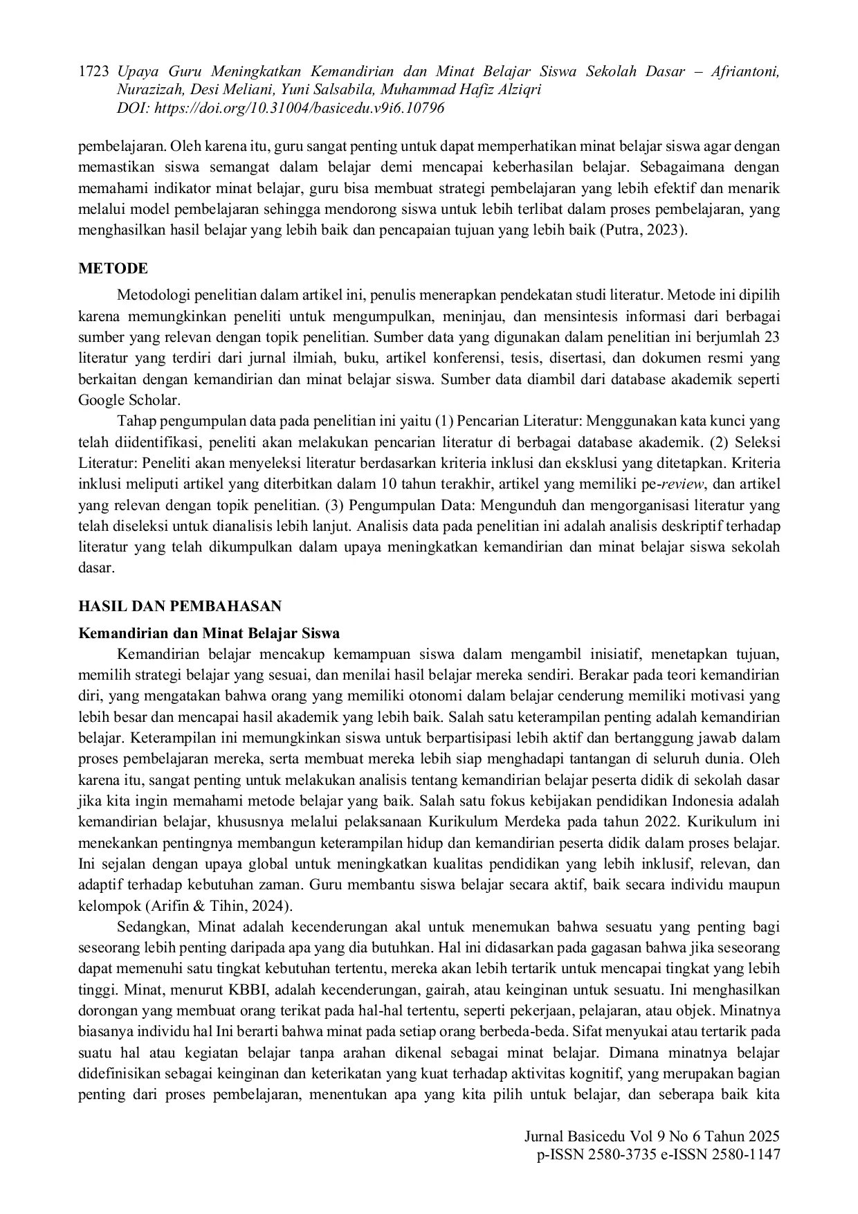 JURIS Upaya Guru Meningkatkan Kemandirian dan Minat Belajar Siswa SD Tinjauan Literatur