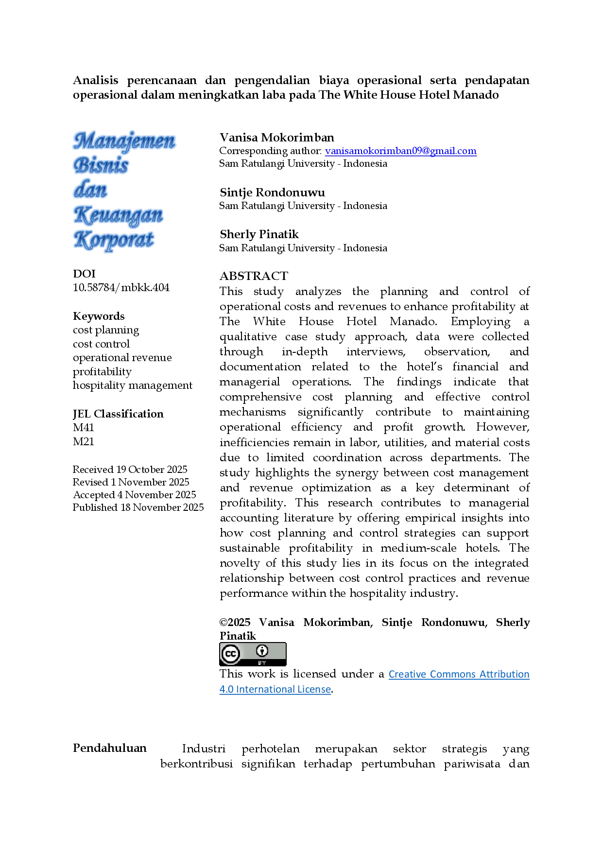 JURIS Analisis Perencanaan Dan Pengendalian Biaya Operasional Serta Pendapatan Operasional Dalam Meningkatkan Laba Pada The White House Hotel Manado