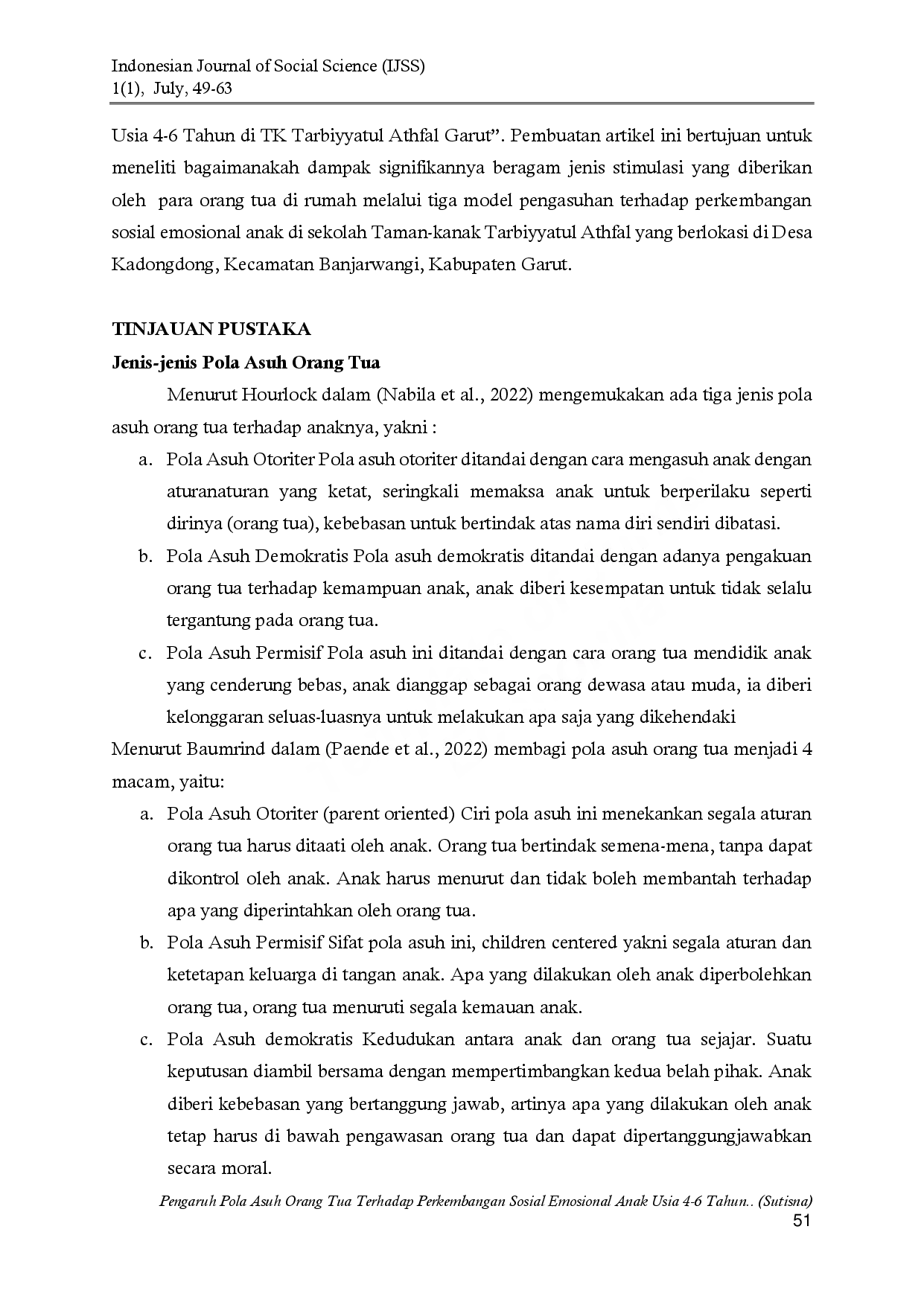 juris Pola Asuh Orang Tua Pada Perkembangan Sosial Emosional Anak Usia 4 6 Tahun Studi Kasus pada TK Tarbiyatul athfal Garut