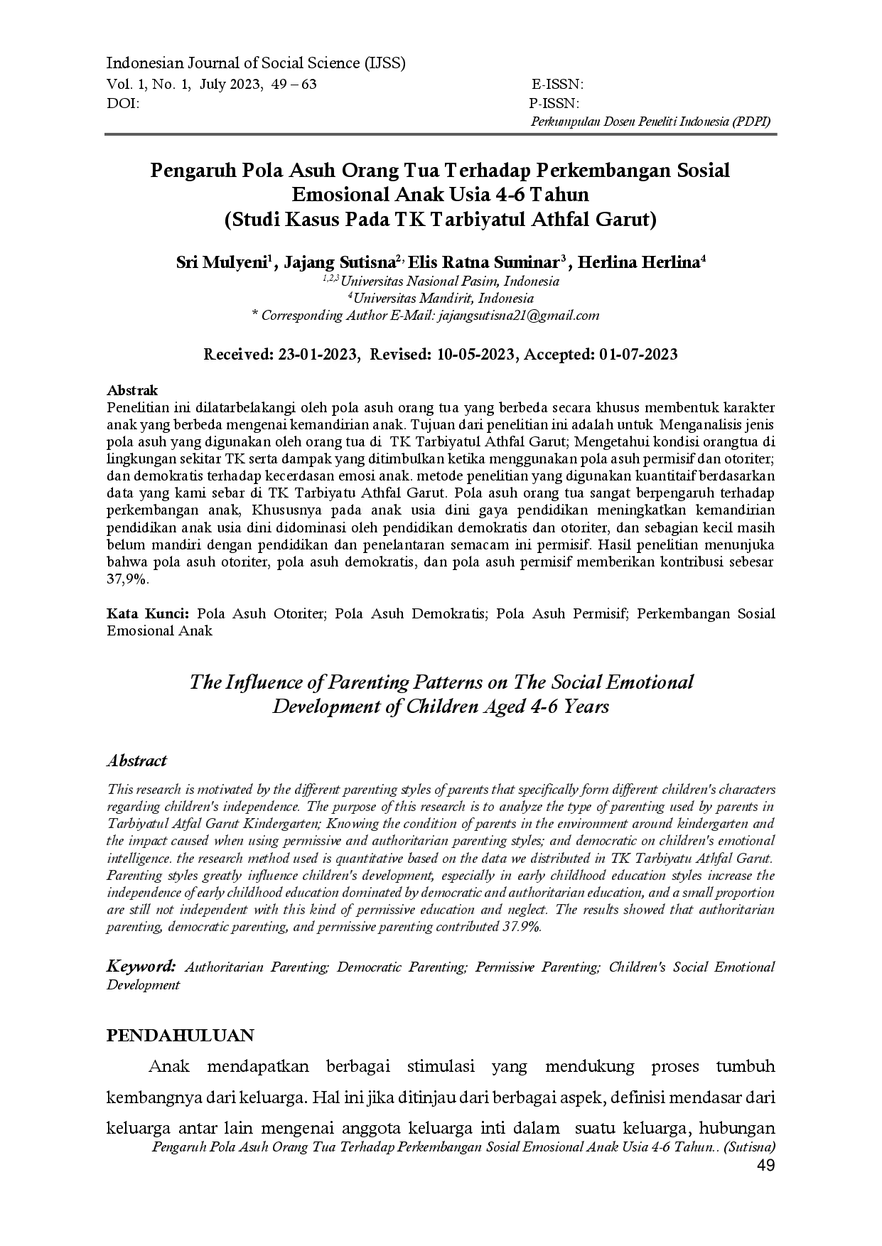 juris Pola Asuh Orang Tua Pada Perkembangan Sosial Emosional Anak Usia 4 6 Tahun Studi Kasus pada TK Tarbiyatul athfal Garut