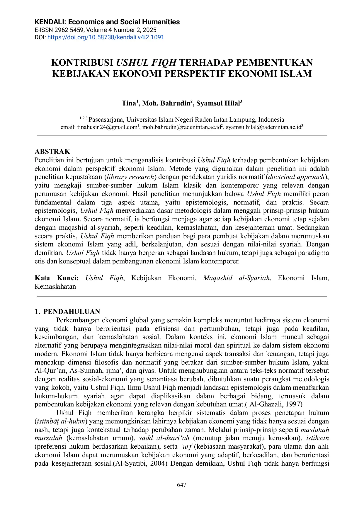 JURIS Kontribusi Ushul Fiqh Terhadap Pembentukan Kebijakan Ekonomi Perspektif Ekonomi Islam