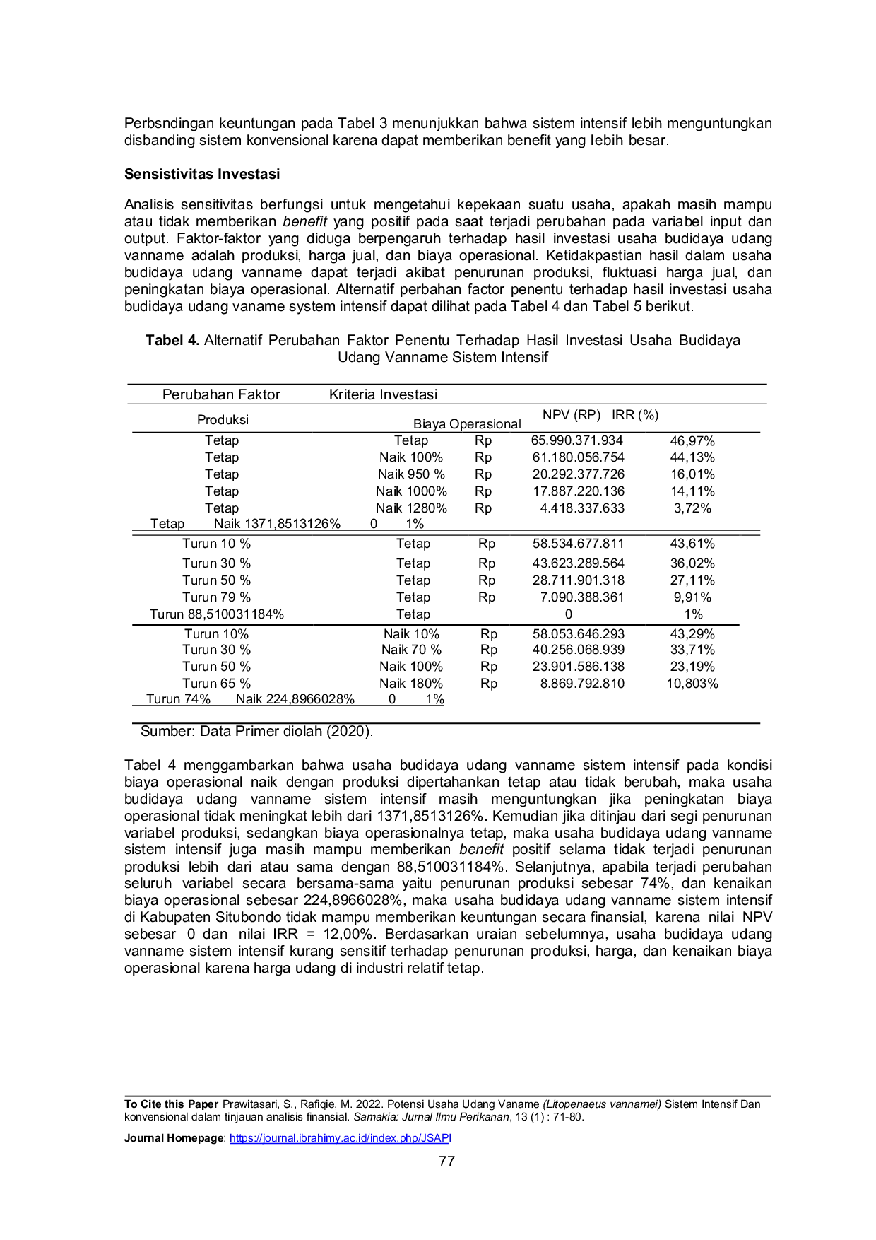 JURIS Potensi Usaha Udang Vaname Litopenaeus vannamei Sistem Intensif dan Konvensional dalam Tinjauan Analisis Finansial