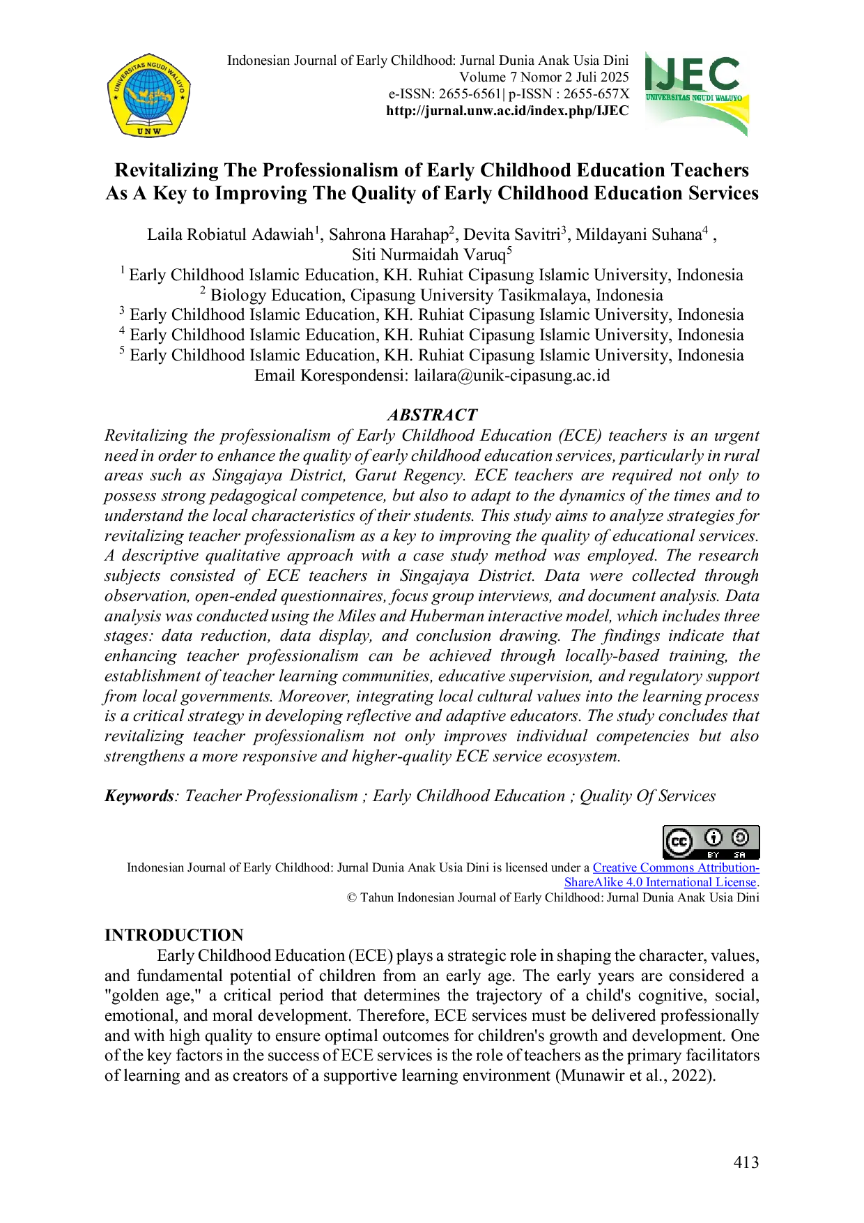 JURIS Revitalizing The Professionalism of Early Childhood Education Teachers As A Key to Improving The Quality of Early Childhood Education Services