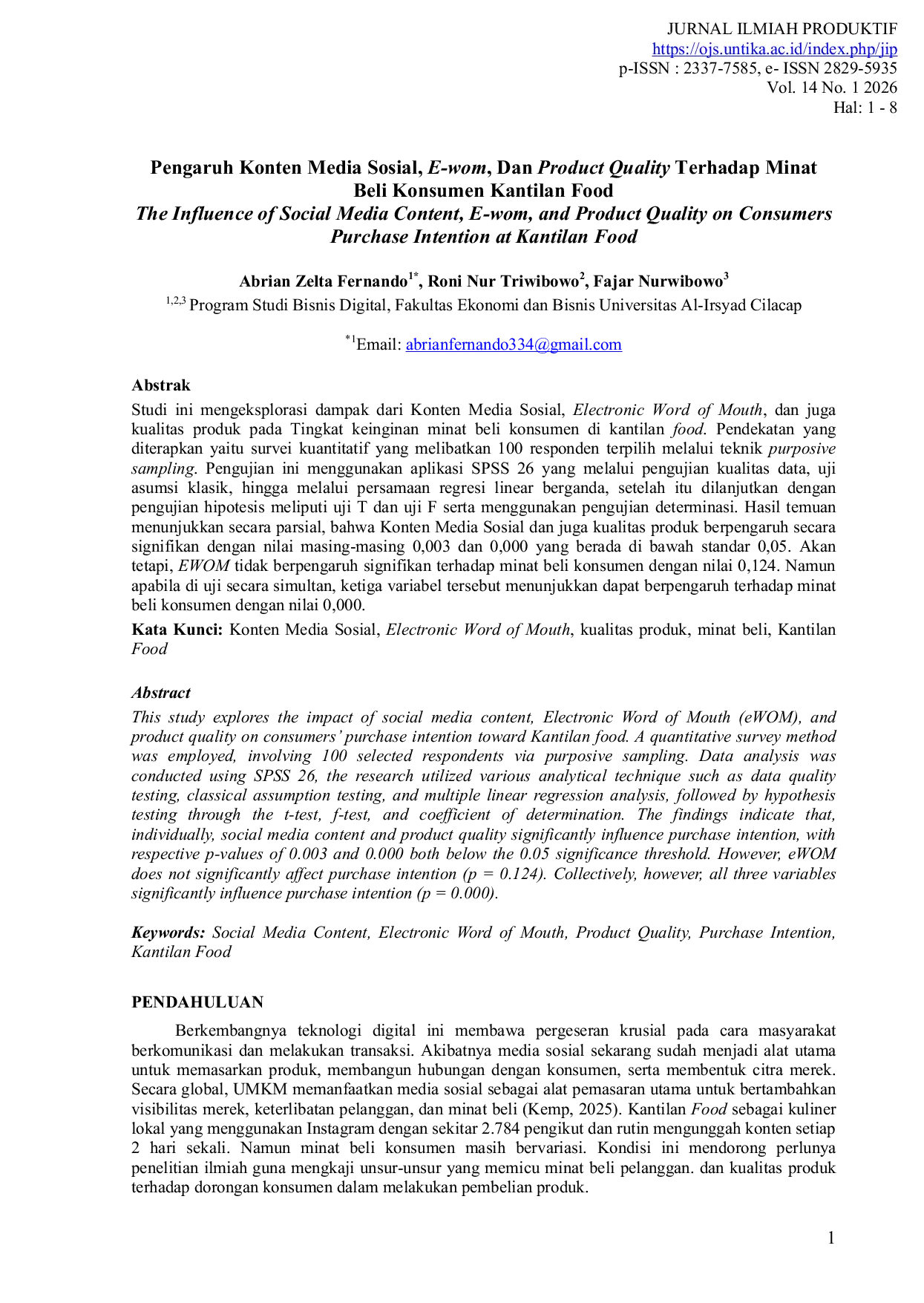 JURIS Pengaruh Konten Media Sosial E wom Dan Product Quality Terhadap Minat Beli Konsumen Kantilan Food The Influence of Social Media Content E wom and Product Quality on Consumers Purchase Intention