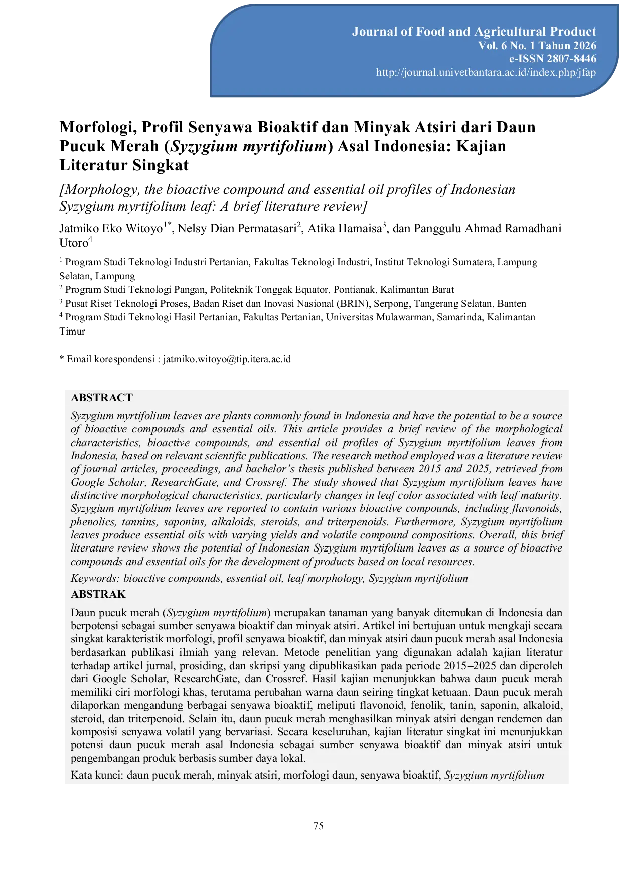 JURIS Morphology the bioactive compound and essential oil profiles of Indonesian Syzygium myrtifolium leaf A brief literature review