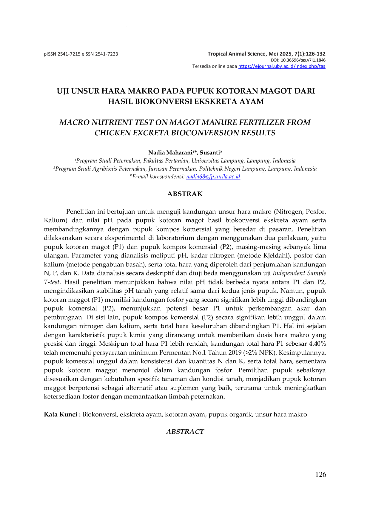 JURIS Uji Unsur Hara Makro Pada Pupuk Kotoran Magot Dari Hasil Biokonversi Ekskreta Ayam
