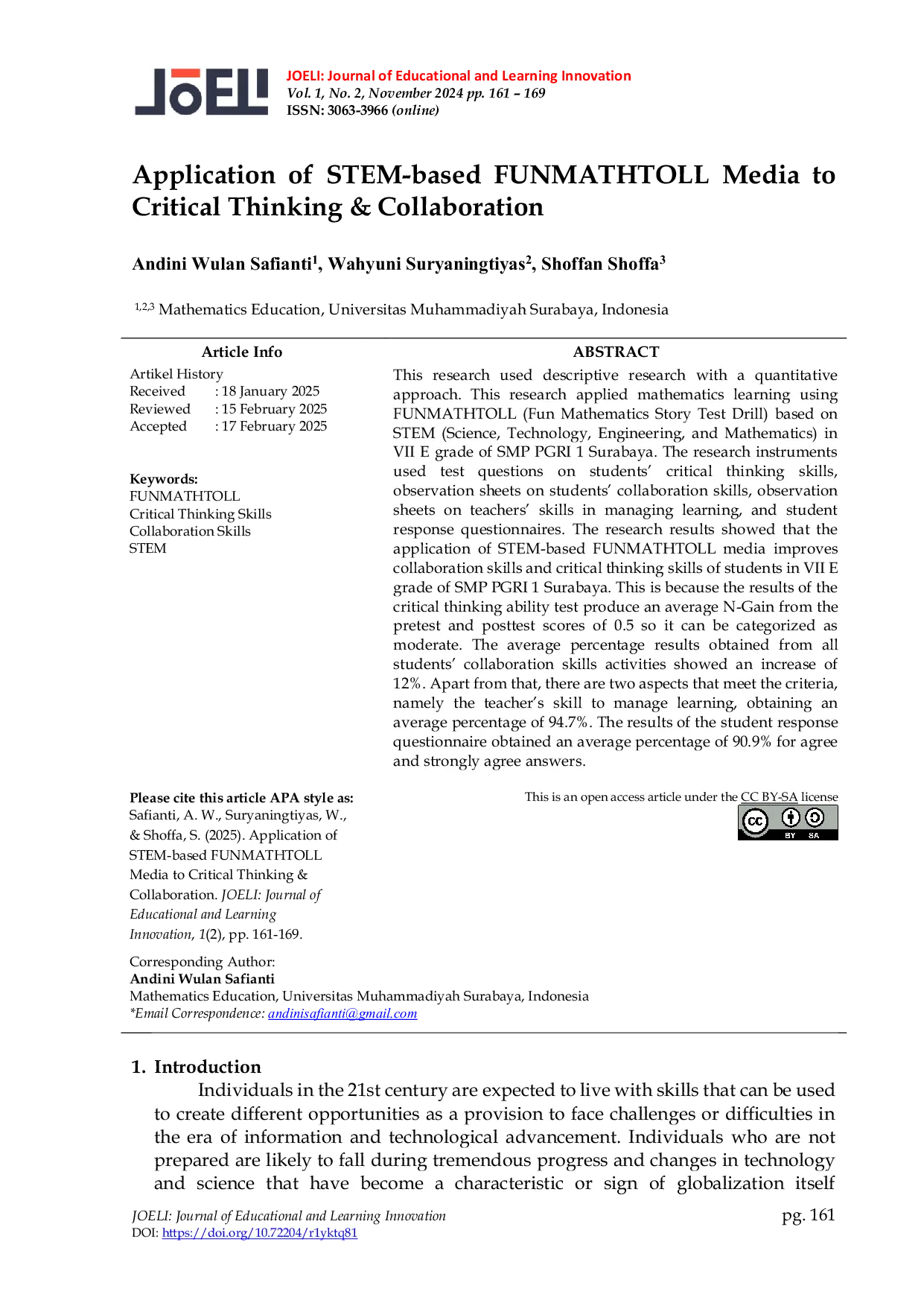 JURIS Application of STEM based FUNMATHTOLL Media to Critical Thinking Collaboration