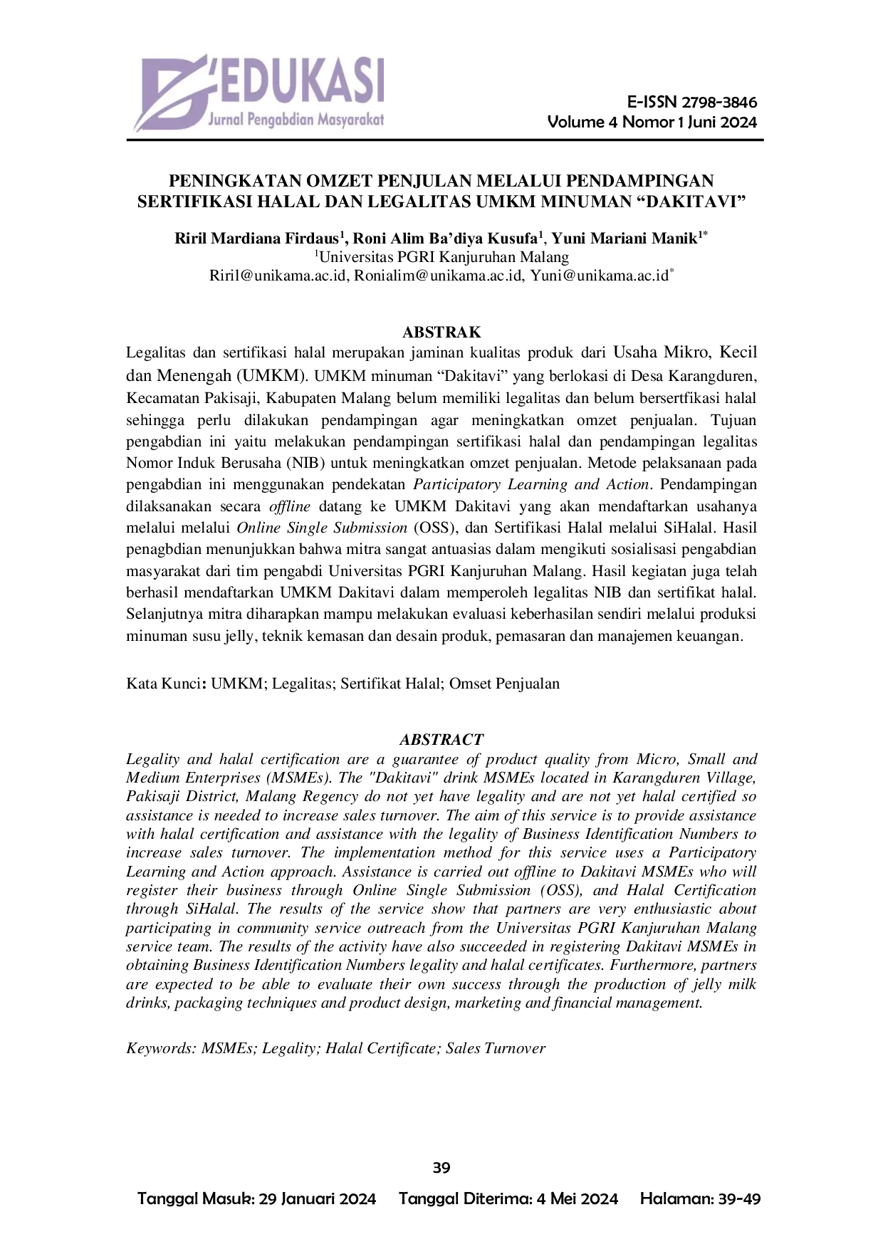 JURIS Peningkatan Omzet Penjualan Melalui Pendampingan Sertifikasi Halal Dan Legalitas Umkm Minuman Dakitavi