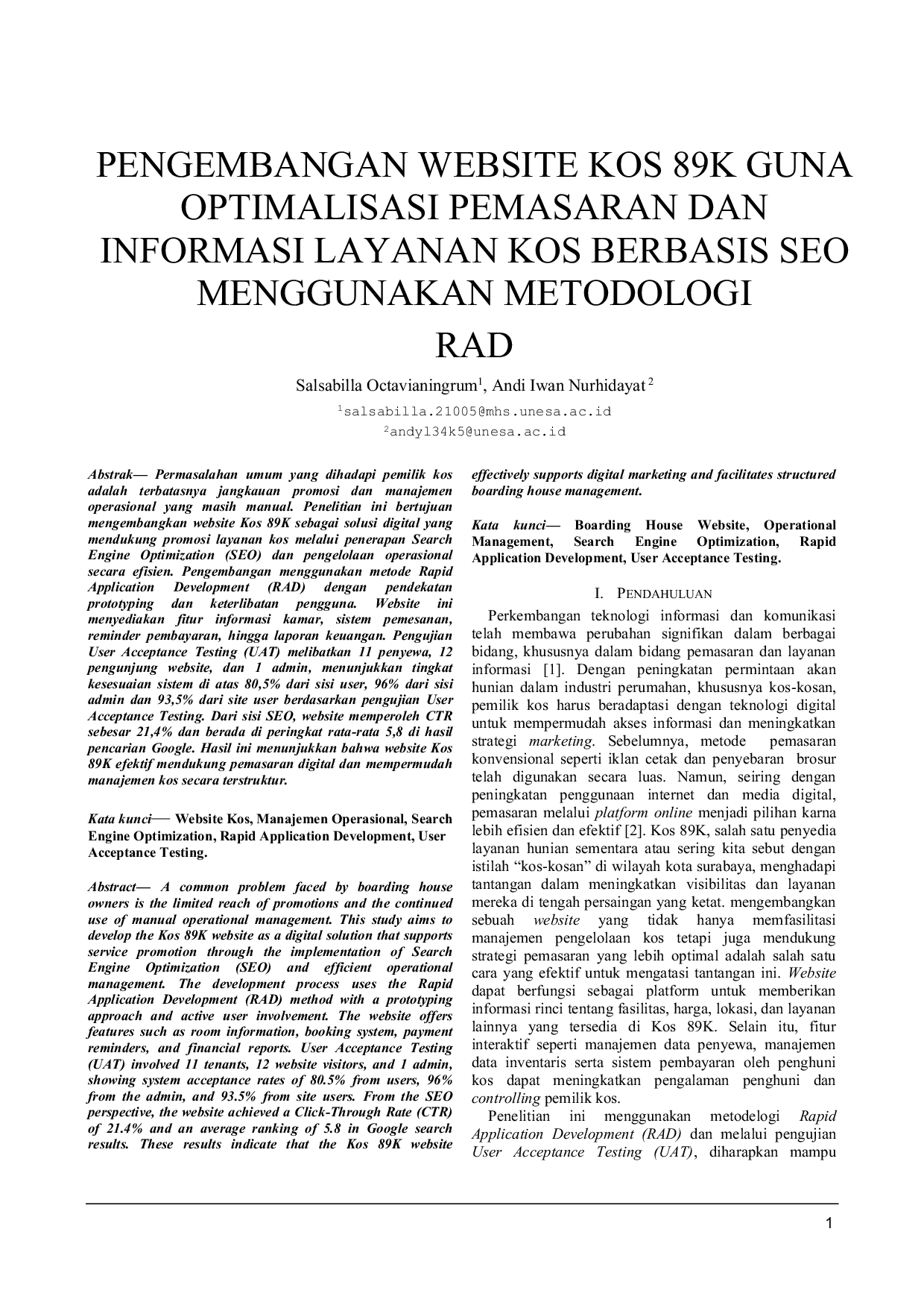 JURIS PENGEMBANGAN WEBSITE KOS 89K GUNA OPTIMALISASI PEMASARAN DAN INFORMASI LAYANAN KOS BERBASIS SEO MENGGUNAKAN METODOLOGI RAD